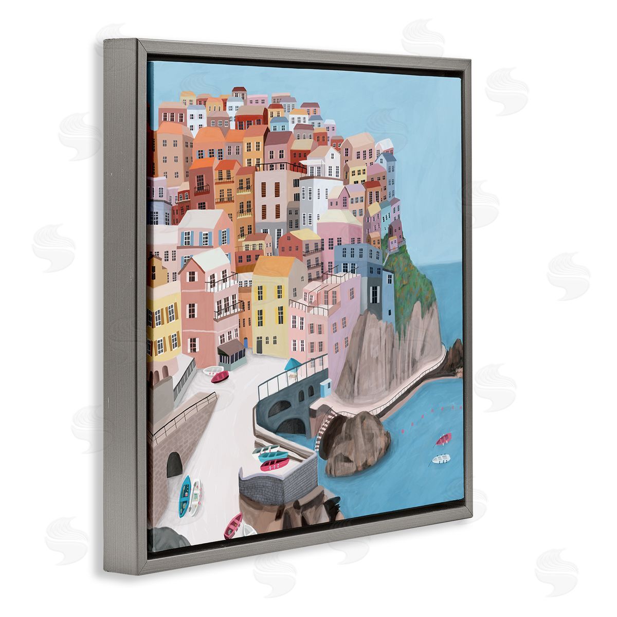Carla Daly Cliffside City Skyline Seaside Urban Architecture Gray Floating Frame Canvas Wall Art Print