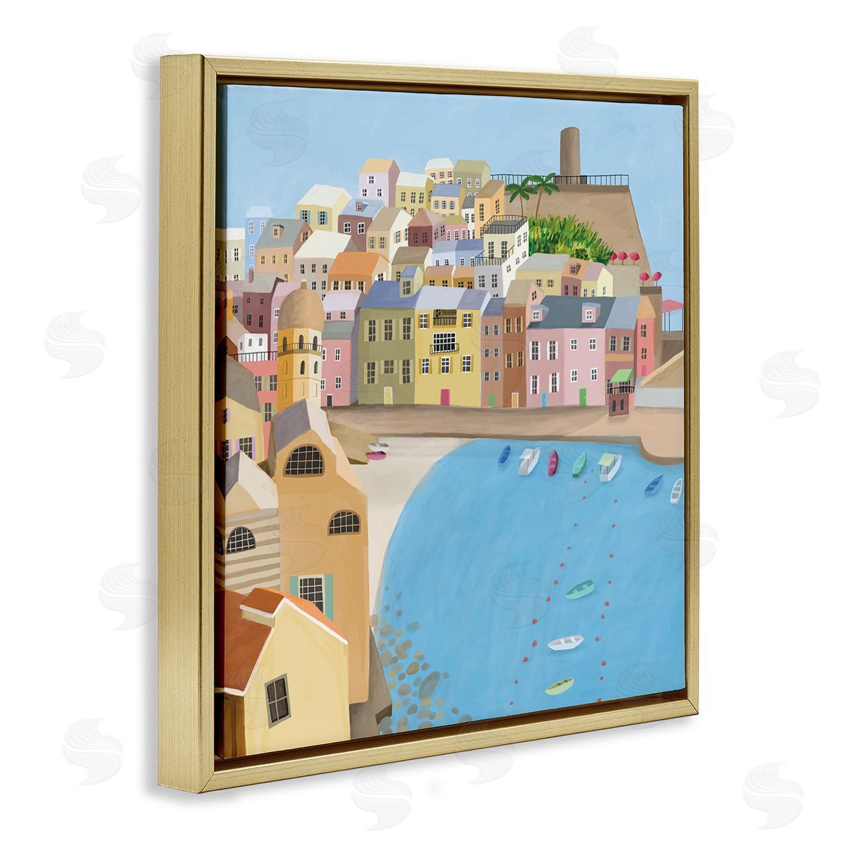 Carla Daly Italian Seaside Architecture Coastal City Port Gold Floating Frame Canvas Wall Art Print
