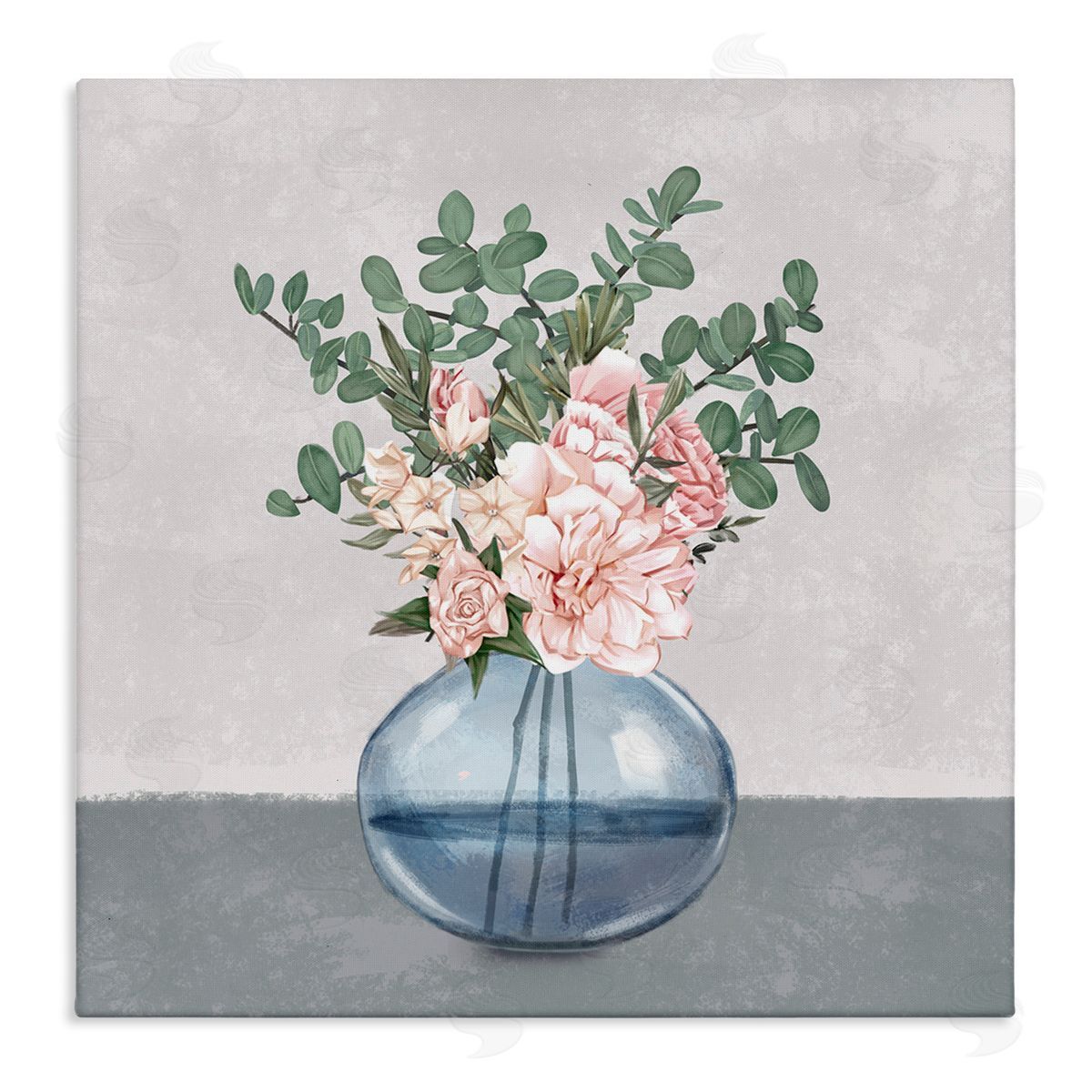 Ziwei Li Pink Rose Bouquet in Soft Blue Vase Stretched Canvas Wall Art Print
