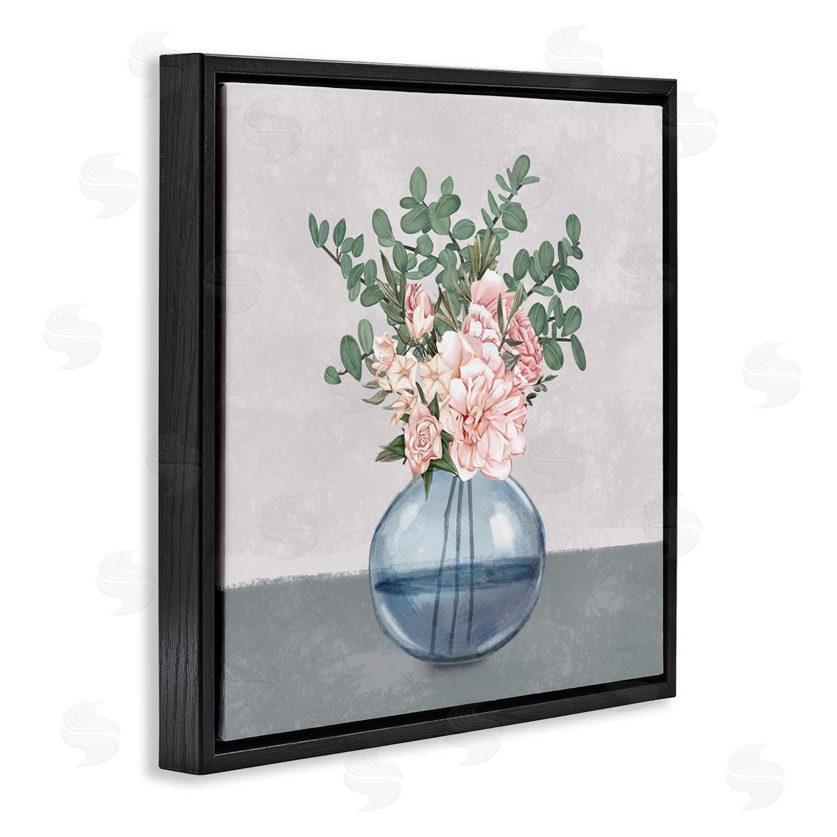Ziwei Li Pink Rose Bouquet in Soft Blue Vase Black Floating Frame Canvas Wall Art Print