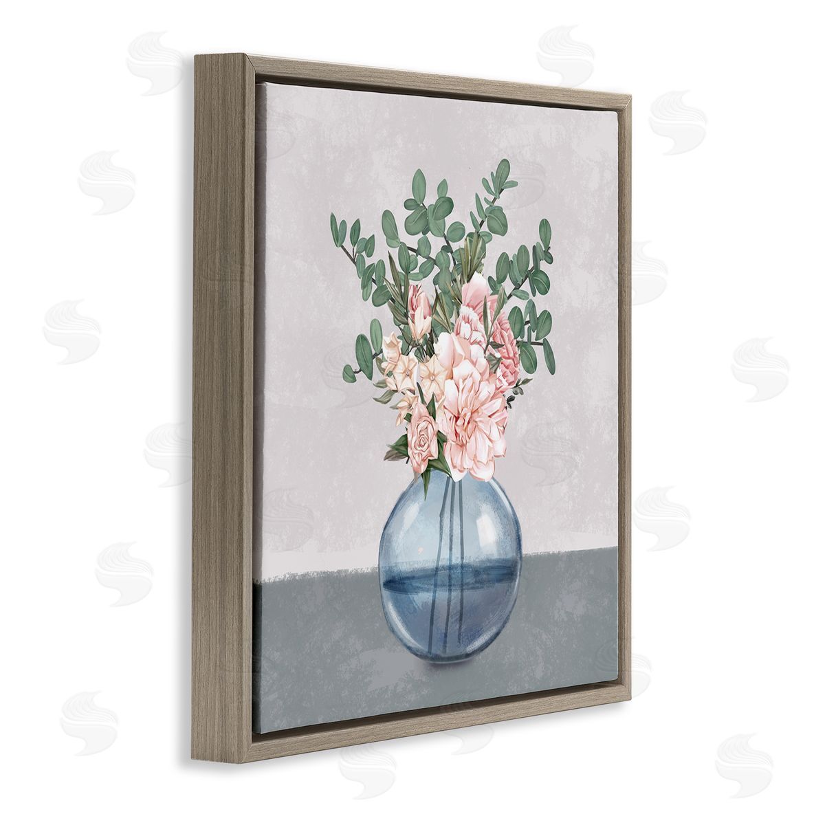 Ziwei Li Pink Rose Bouquet in Soft Blue Vase Brown Floating Frame Canvas Wall Art Print