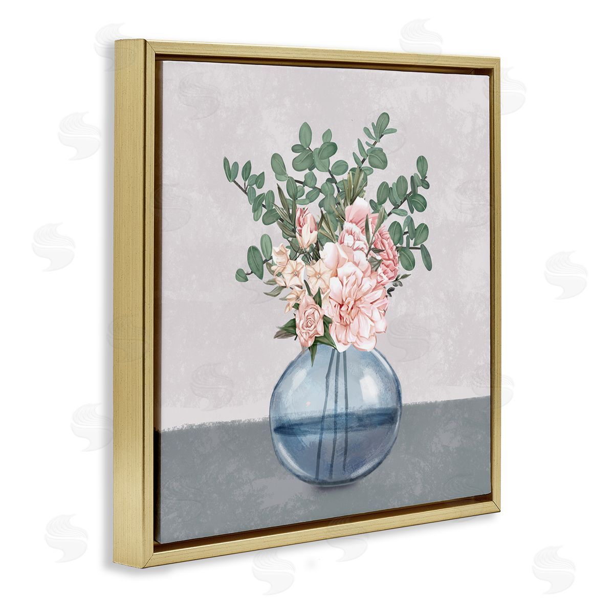Ziwei Li Pink Rose Bouquet in Soft Blue Vase Gold Floating Frame Canvas Wall Art Print