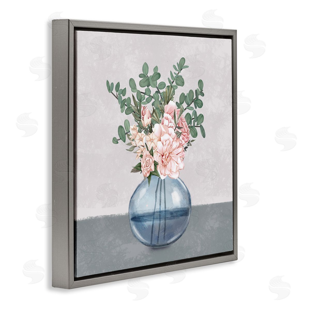 Ziwei Li Pink Rose Bouquet in Soft Blue Vase Gray Floating Frame Canvas Wall Art Print