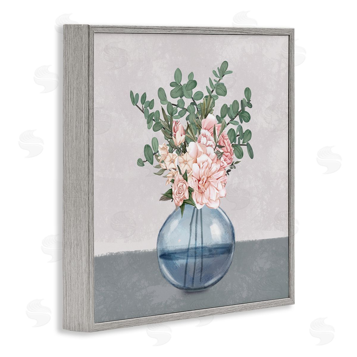 Ziwei Li Pink Rose Bouquet in Soft Blue Vase Gray Framed Glicee Wall Art Print