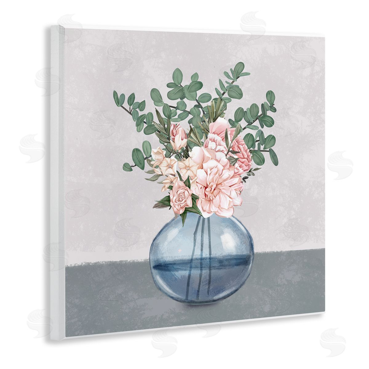 Ziwei Li Pink Rose Bouquet in Soft Blue Vase Wooden Wall Plaque Art Print