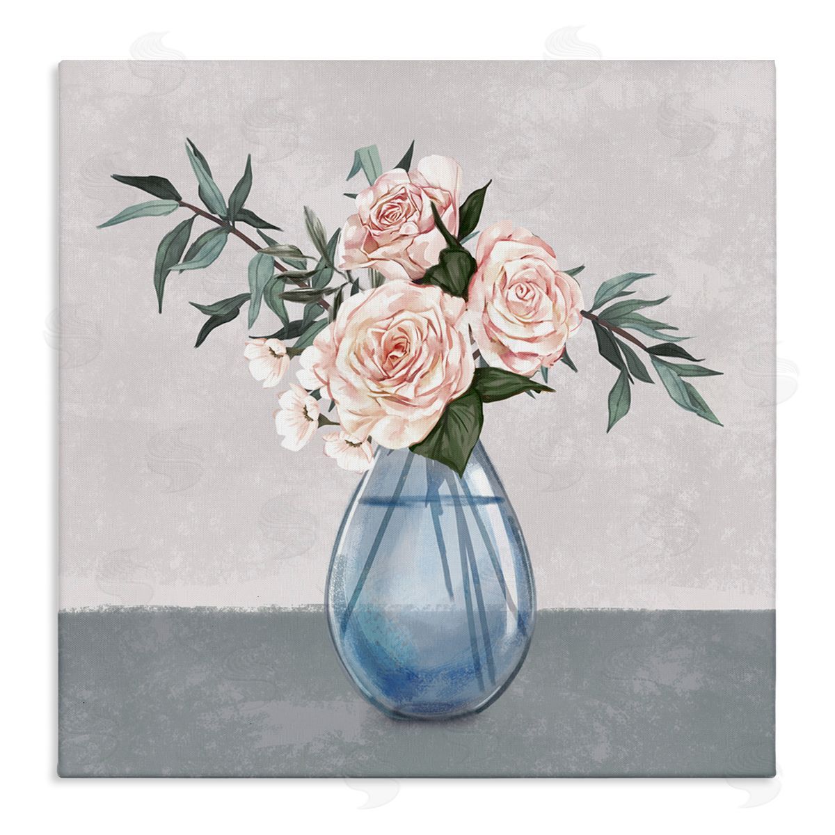Ziwei Li Pink Roses Blue Teardrop Vase Soft Florals Stretched Canvas Wall Art Print