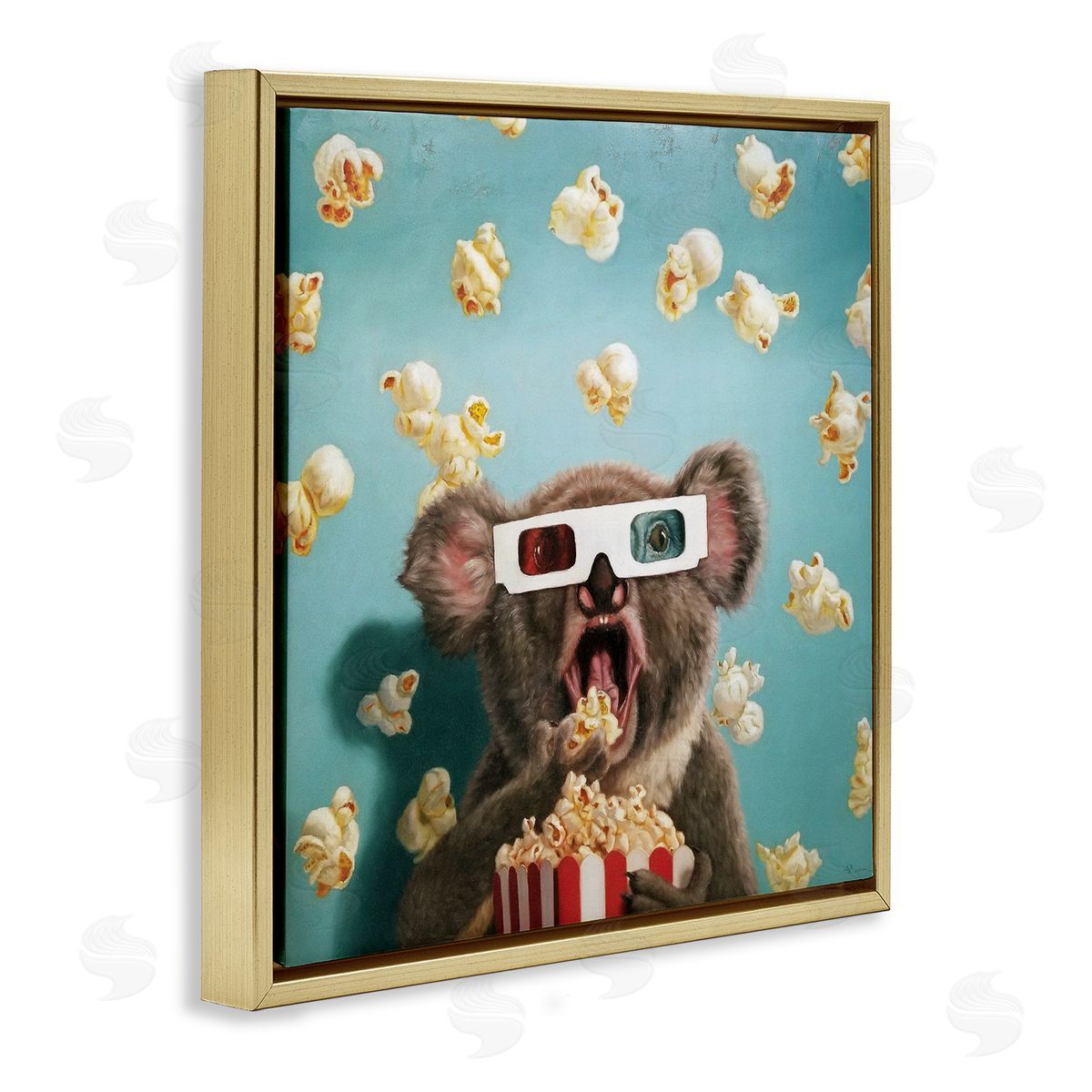 Lucia Heffernan Adorable Koala Watching Movie with Popcorn Gold Floating Frame Canvas Wall Art Print