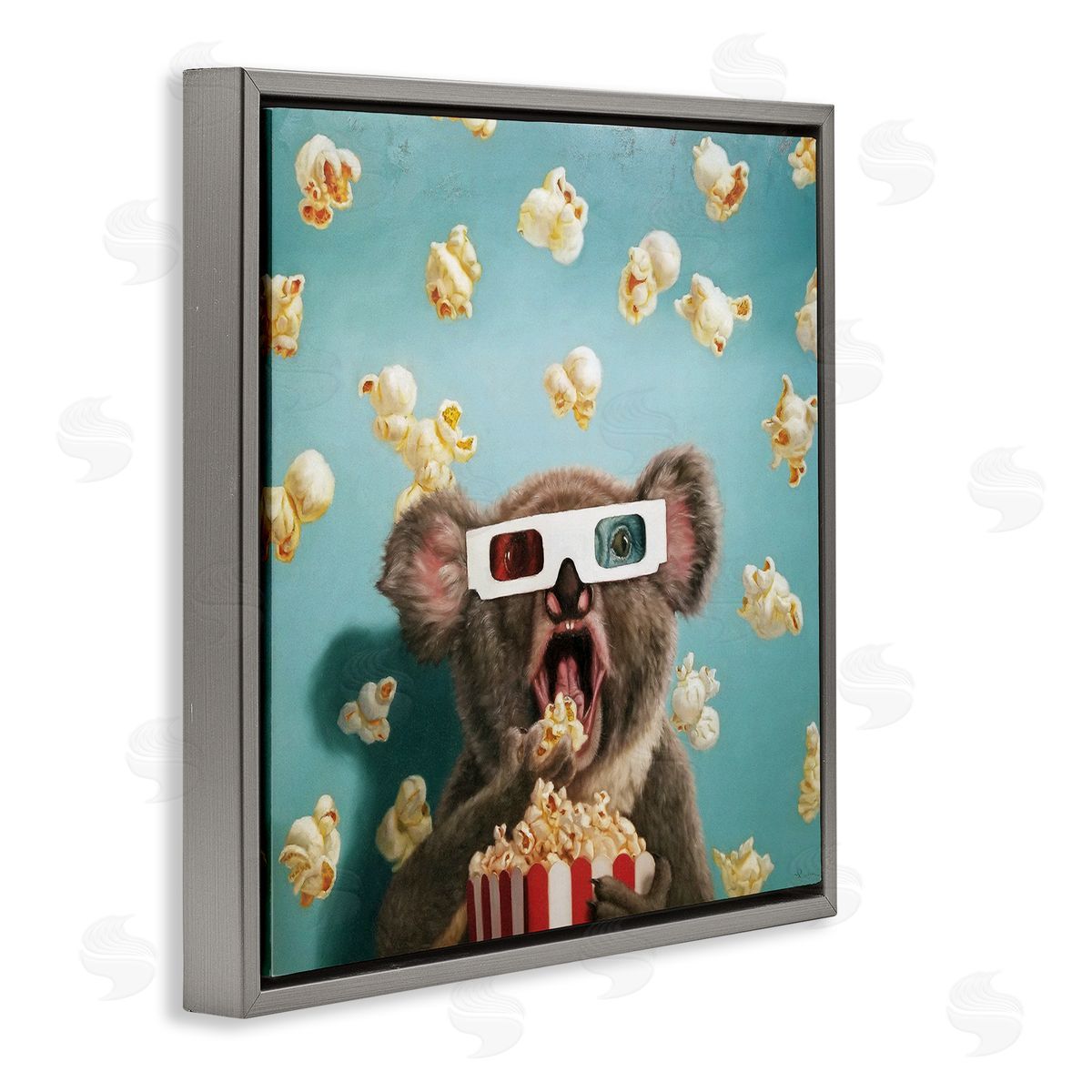 Lucia Heffernan Adorable Koala Watching Movie with Popcorn Gray Floating Frame Canvas Wall Art Print