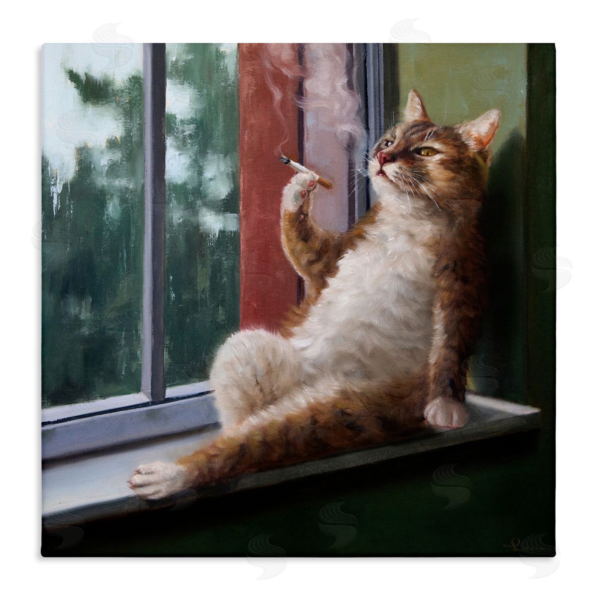 Cat Smoking Lounging in Window Canvas Wall Art, Home Decor by Lucia Heffernan