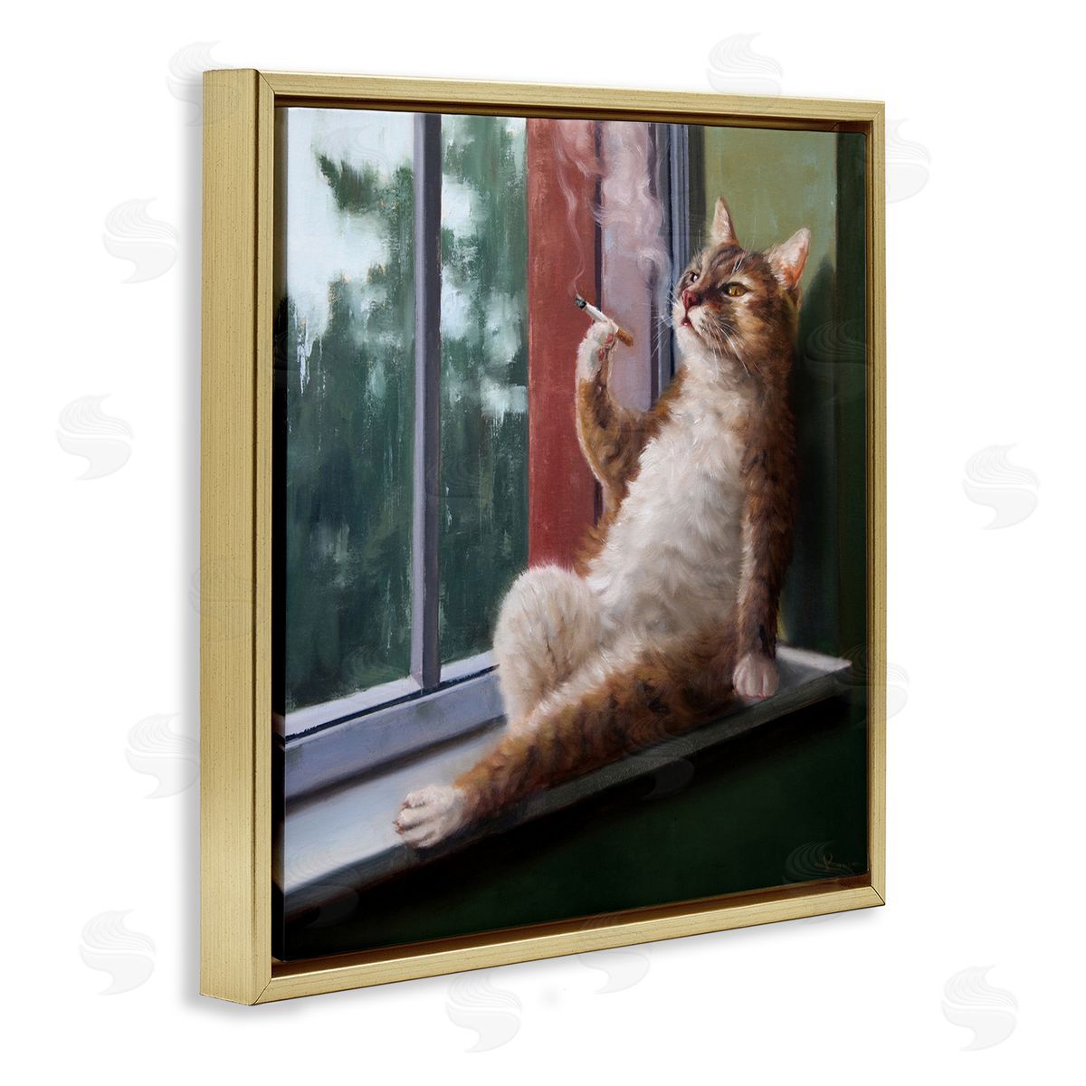Cat Smoking Lounging in Window Gold Floating Frame Canvas Wall Art, Home Decor by Lucia Heffernan