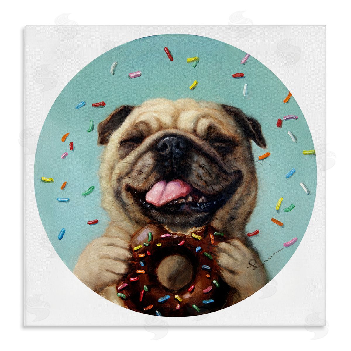 Lucia Heffernan Happy Pug With Sprinkle Donut Pet Dog Stretched Canvas Wall Art Print