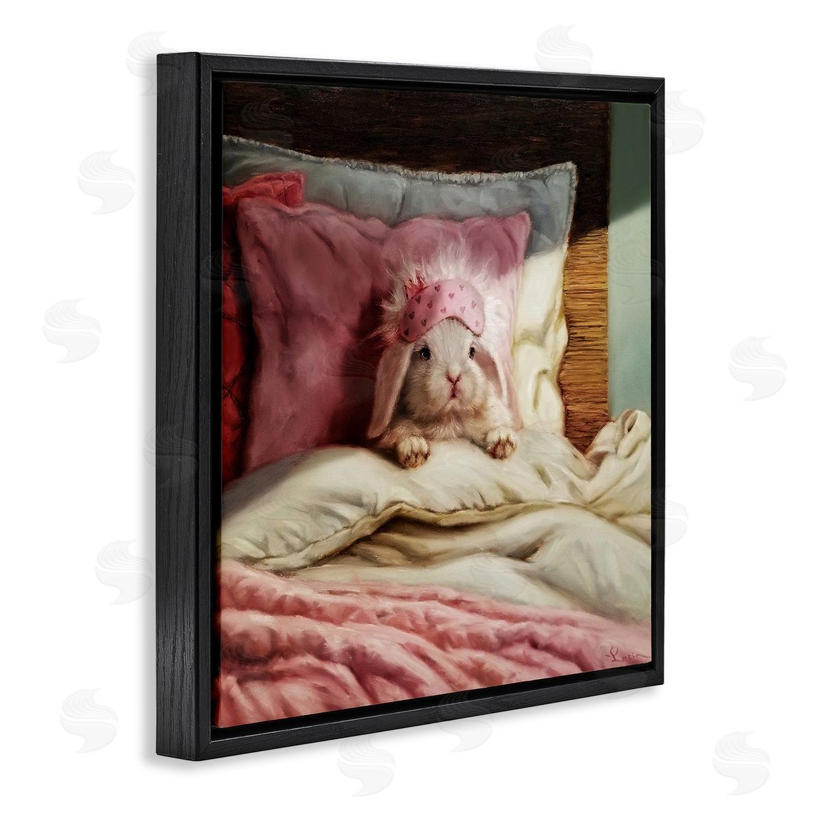 Bunny Resting in Bed Black Floating Frame Canvas Wall Art, Home Decor by Lucia Heffernan