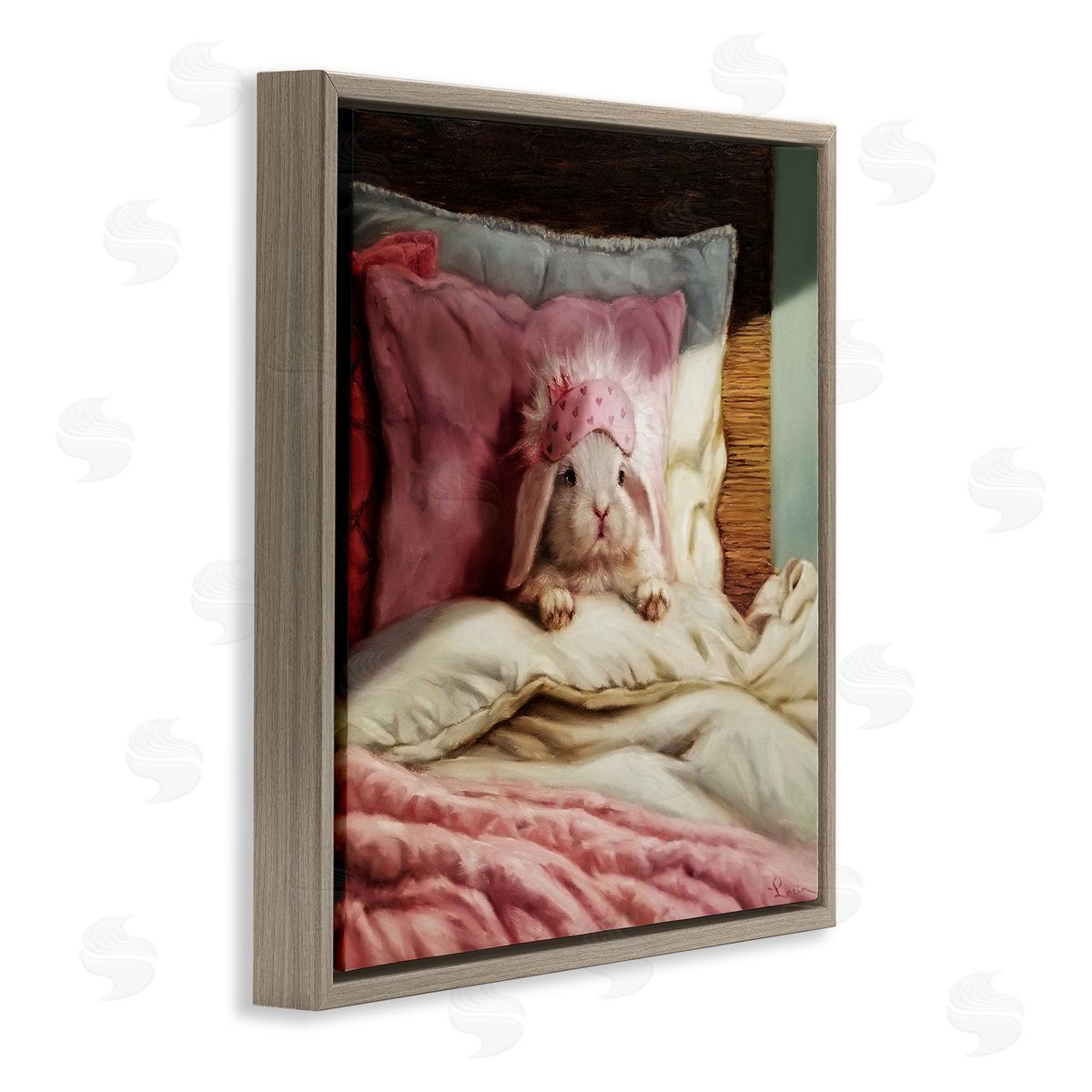 Bunny Resting in Bed Brown Floating Frame Canvas Wall Art, Home Decor by Lucia Heffernan