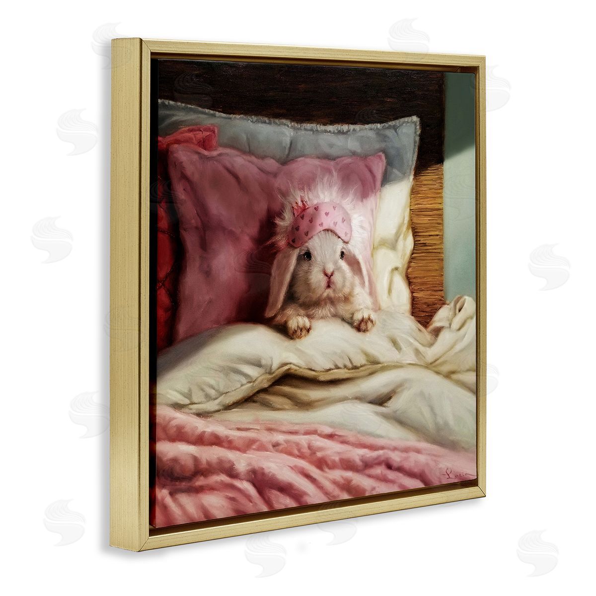 Bunny Resting in Bed Gold Floating Frame Canvas Wall Art, Home Decor by Lucia Heffernan