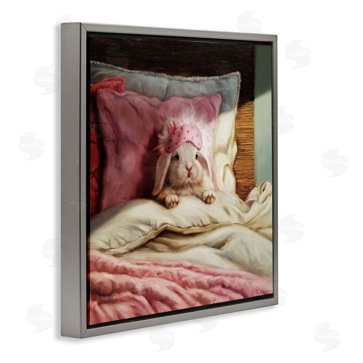 Bunny Resting in Bed Grey Floating Frame Canvas Wall Art, Home Decor by Lucia Heffernan