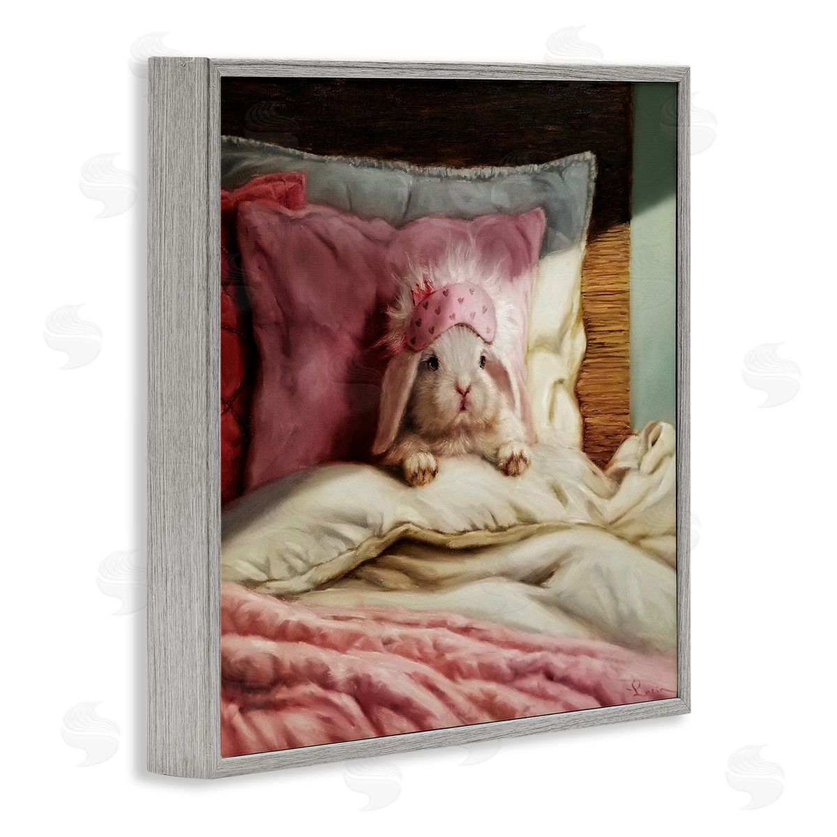 Bunny Resting in Bed Grey Frame Print Wall Art, Home Decor by Lucia Heffernan