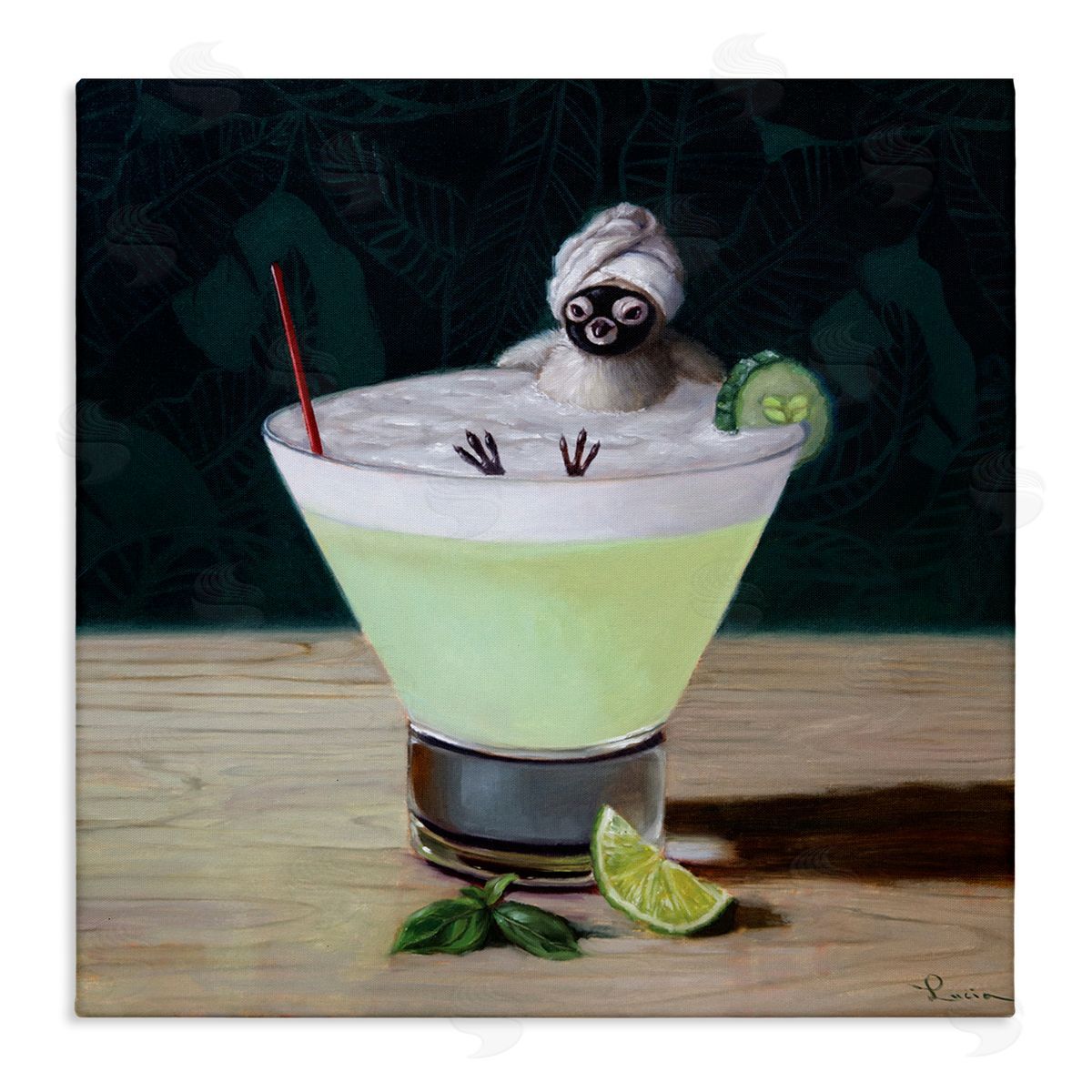 Lucia Heffernan Bird Bathing in Cucumber Martini Funny Animal Stretched Canvas Wall Art Print