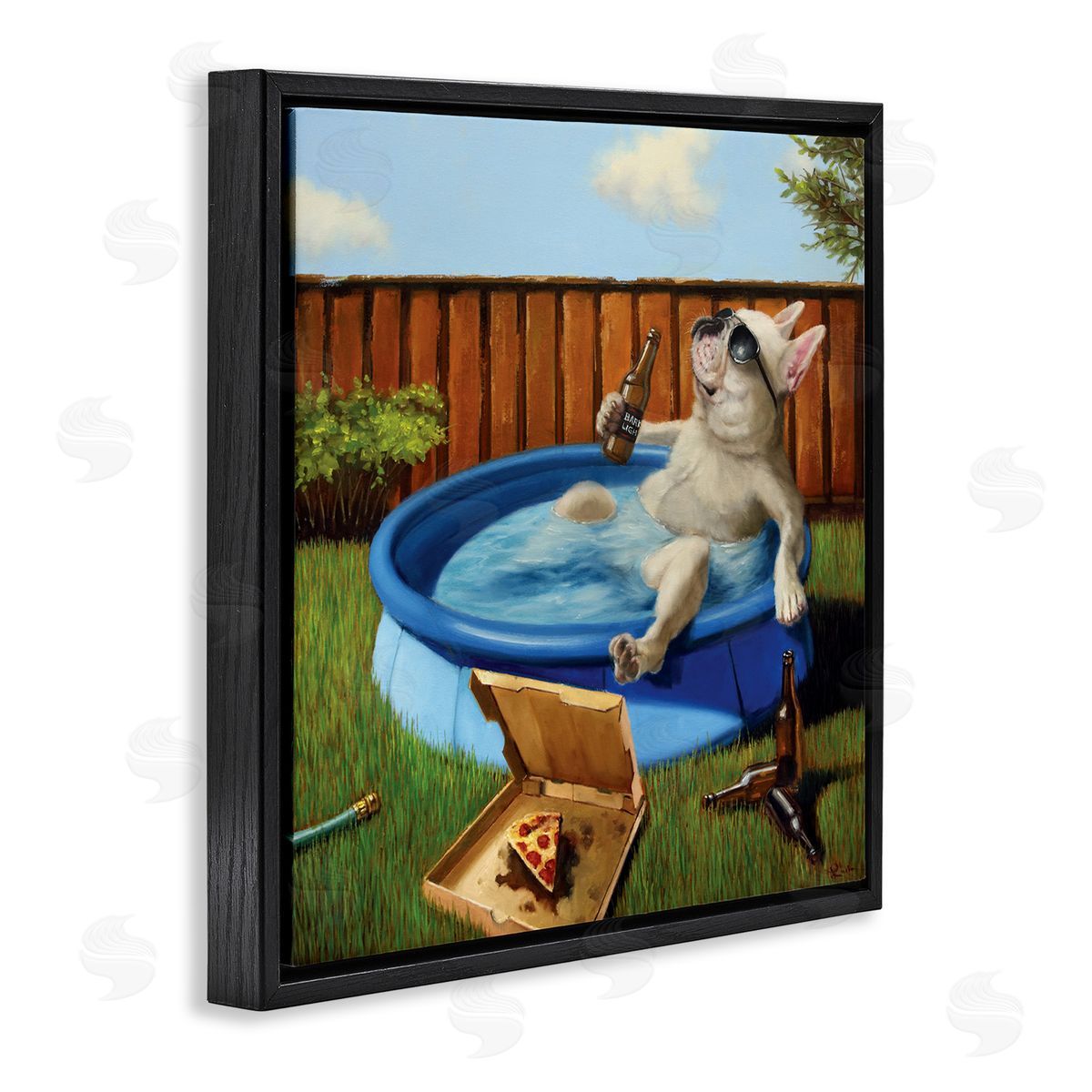 Dog Drinking in Summer Pool Black Floating Frame Canvas Wall Art, Home Decor by Lucia Heffernan