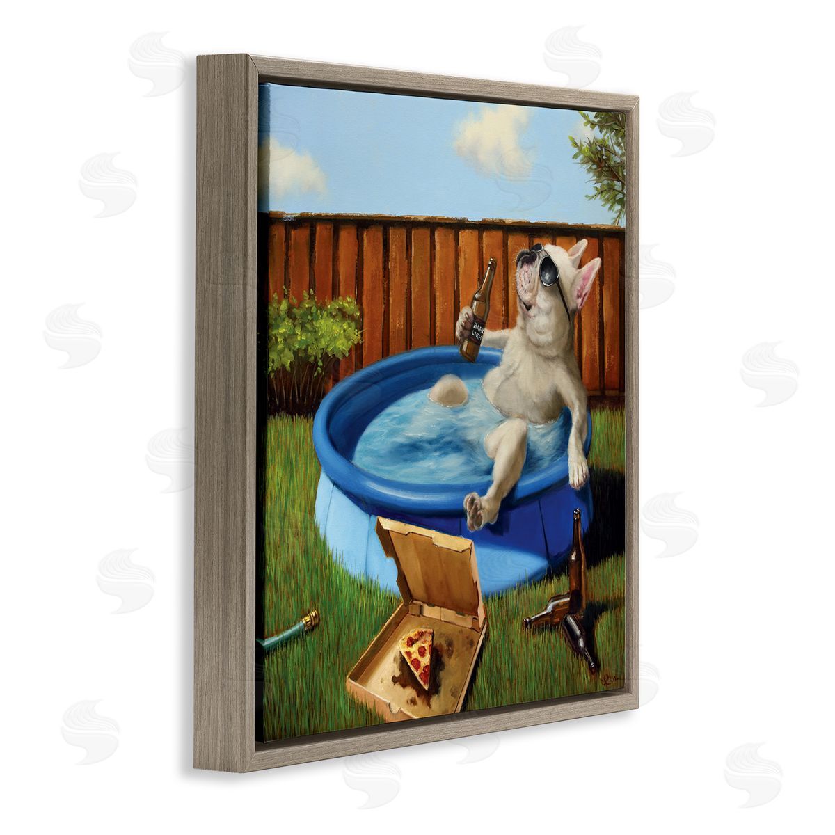 Dog Drinking in Summer Pool Brown Floating Frame Canvas Wall Art, Home Decor by Lucia Heffernan