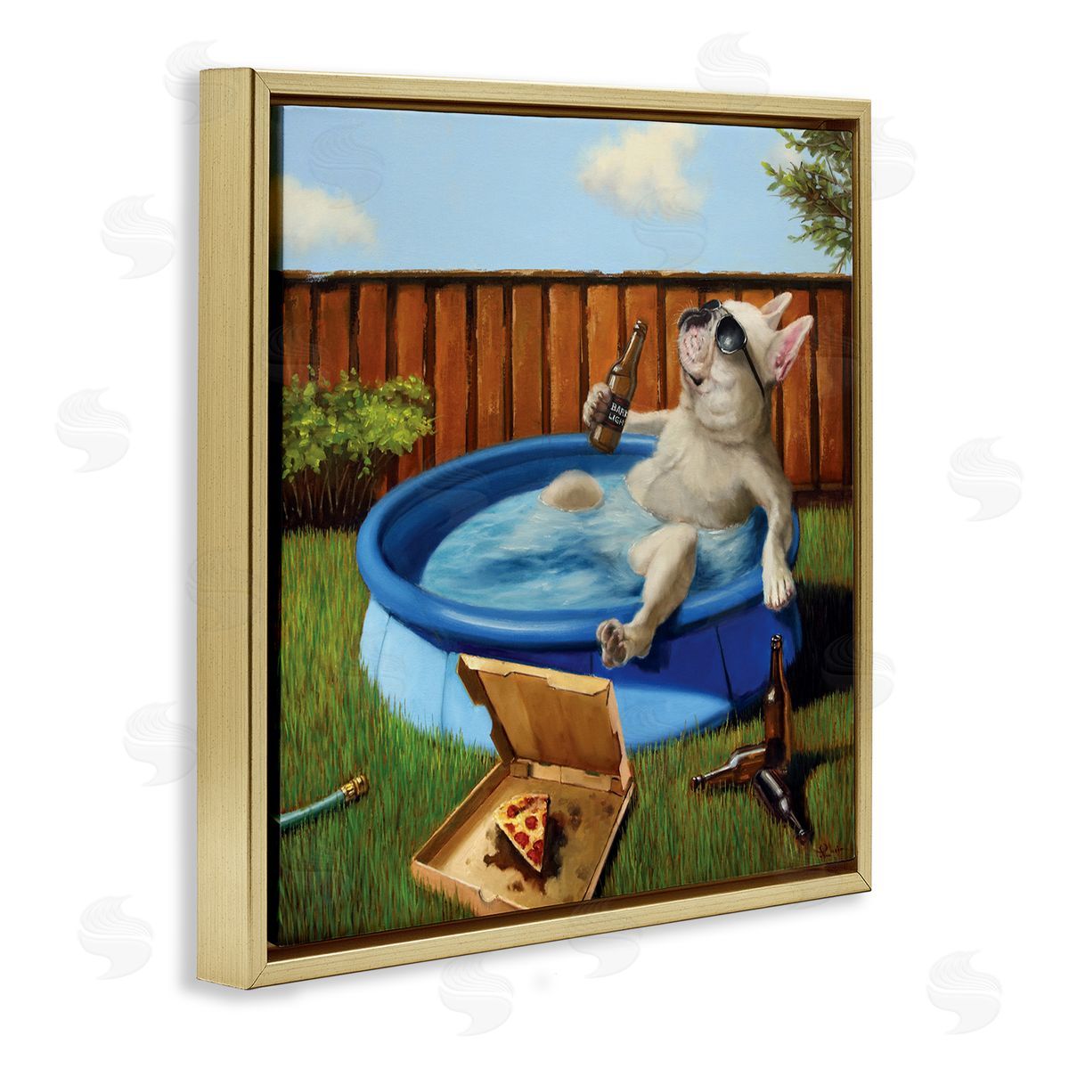 Dog Drinking in Summer Pool Gold Floating Frame Canvas Wall Art, Home Decor by Lucia Heffernan