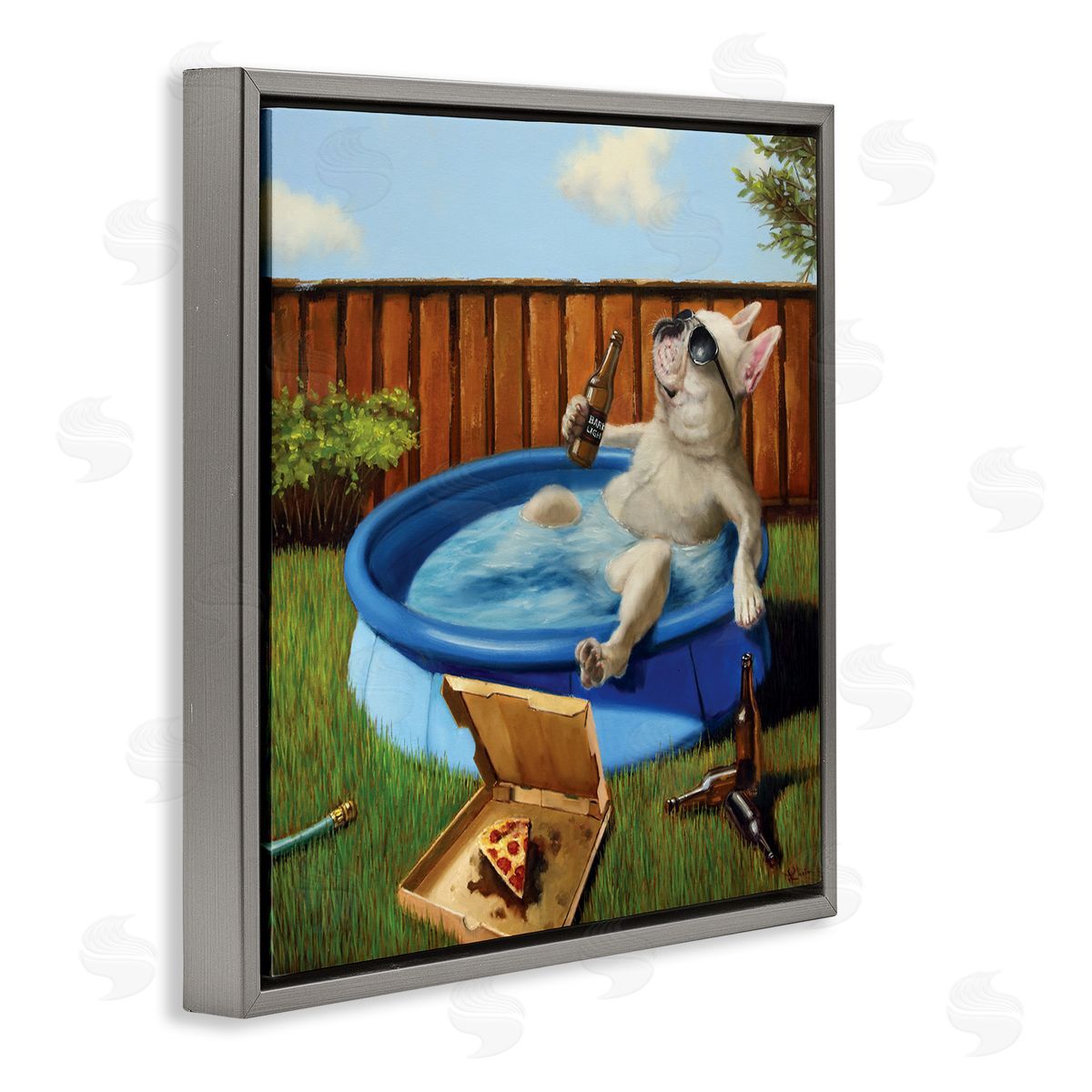Dog Drinking in Summer Pool Grey Floating Frame Canvas Wall Art, Home Decor by Lucia Heffernan