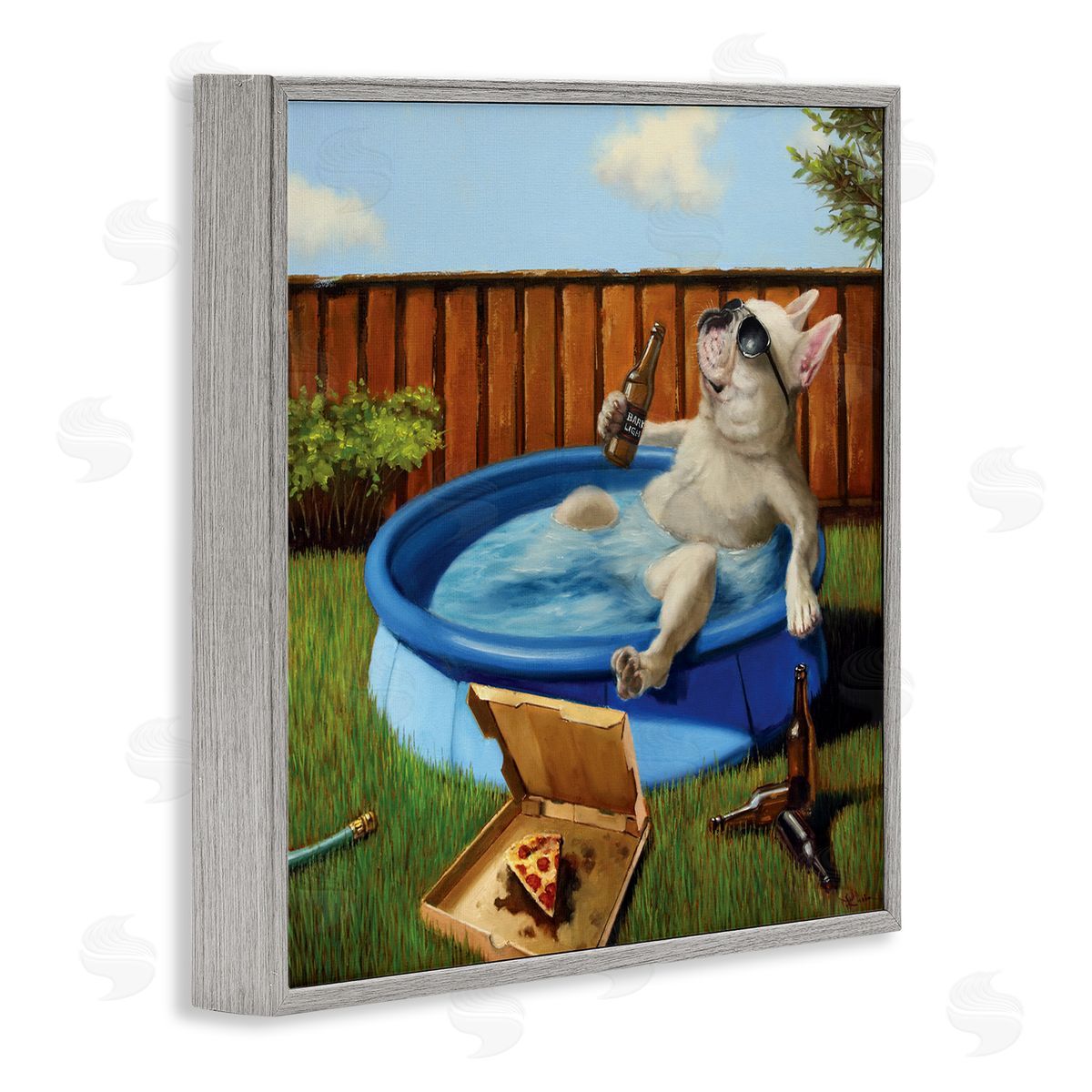 Dog Drinking in Summer Pool Grey Frame Print Wall Art, Home Decor by Lucia Heffernan