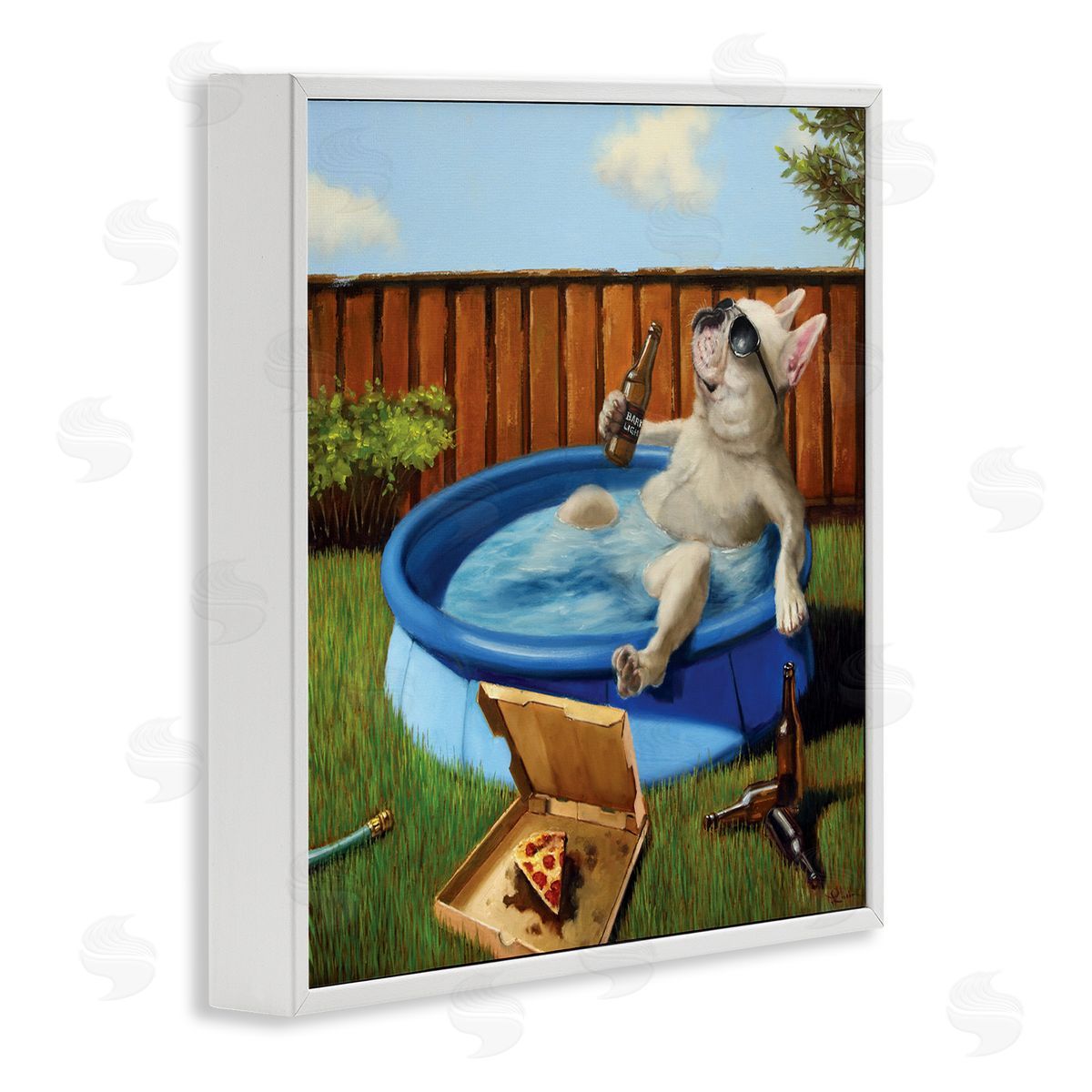 Dog Drinking in Summer Pool White Frame Print Wall Art, Home Decor by Lucia Heffernan