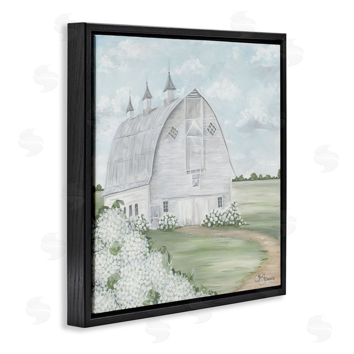 Soft Country Landscape with Hydrangeas Black Floating Frame Canvas Wall Art, Home Decor by Hollihocks Art