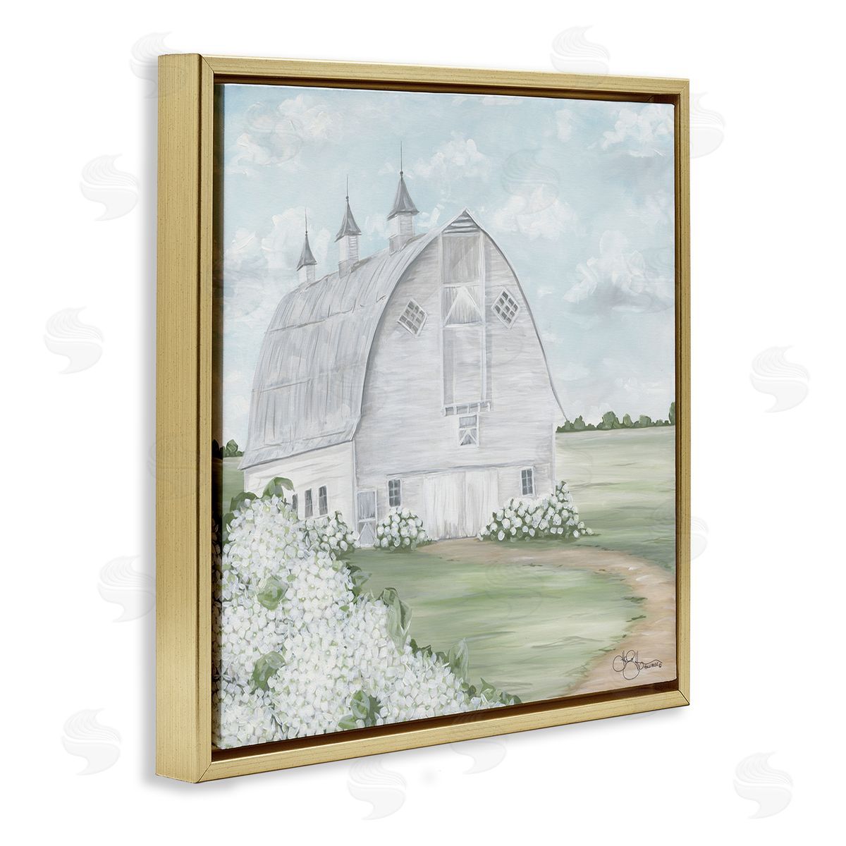 Soft Country Landscape with Hydrangeas Gold Floating Frame Canvas Wall Art, Home Decor by Hollihocks Art