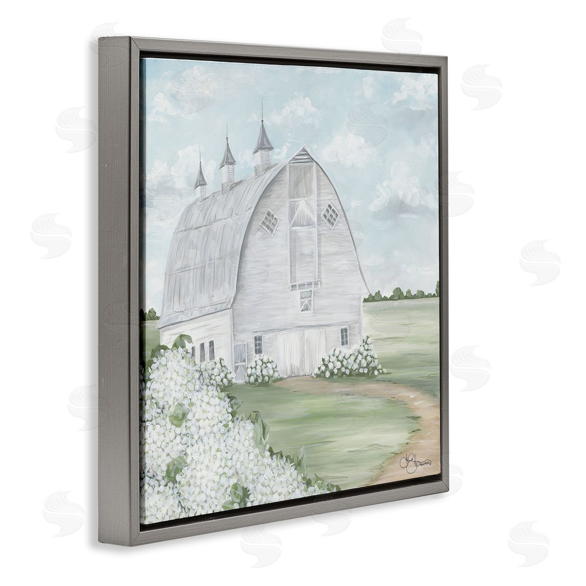 Soft Country Landscape with Hydrangeas Grey Floating Frame Canvas Wall Art, Home Decor by Hollihocks Art