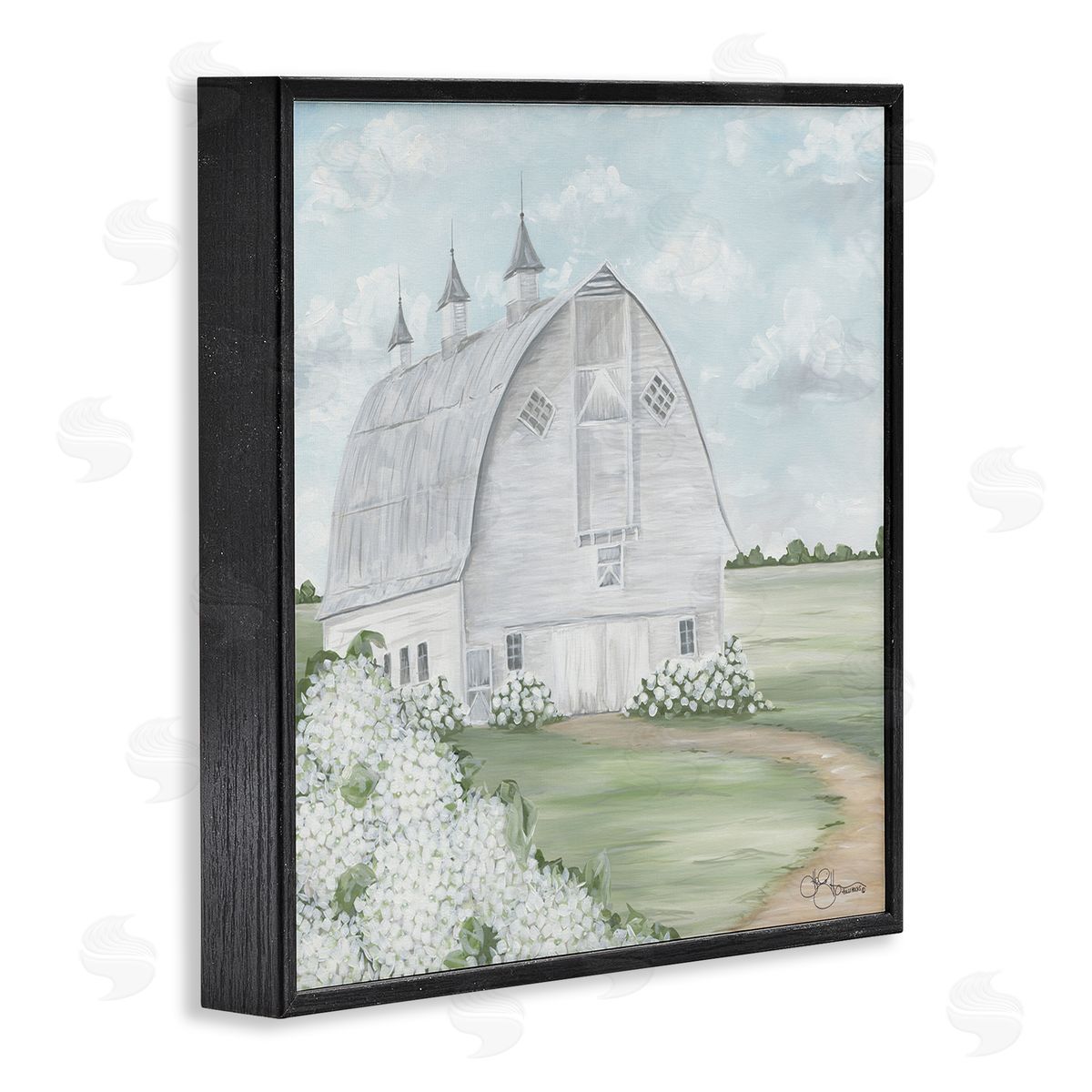 Soft Country Landscape with Hydrangeas Black Frame Print Wall Art, Home Decor by Hollihocks Art