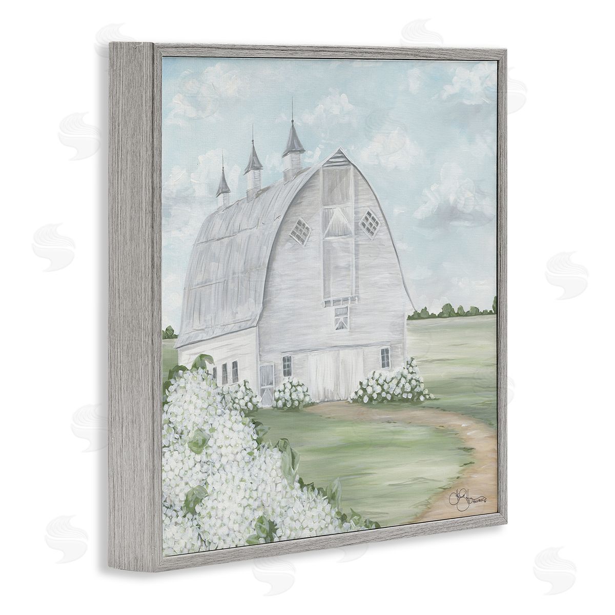 Soft Country Landscape with Hydrangeas Grey Frame Print Wall Art, Home Decor by Hollihocks Art