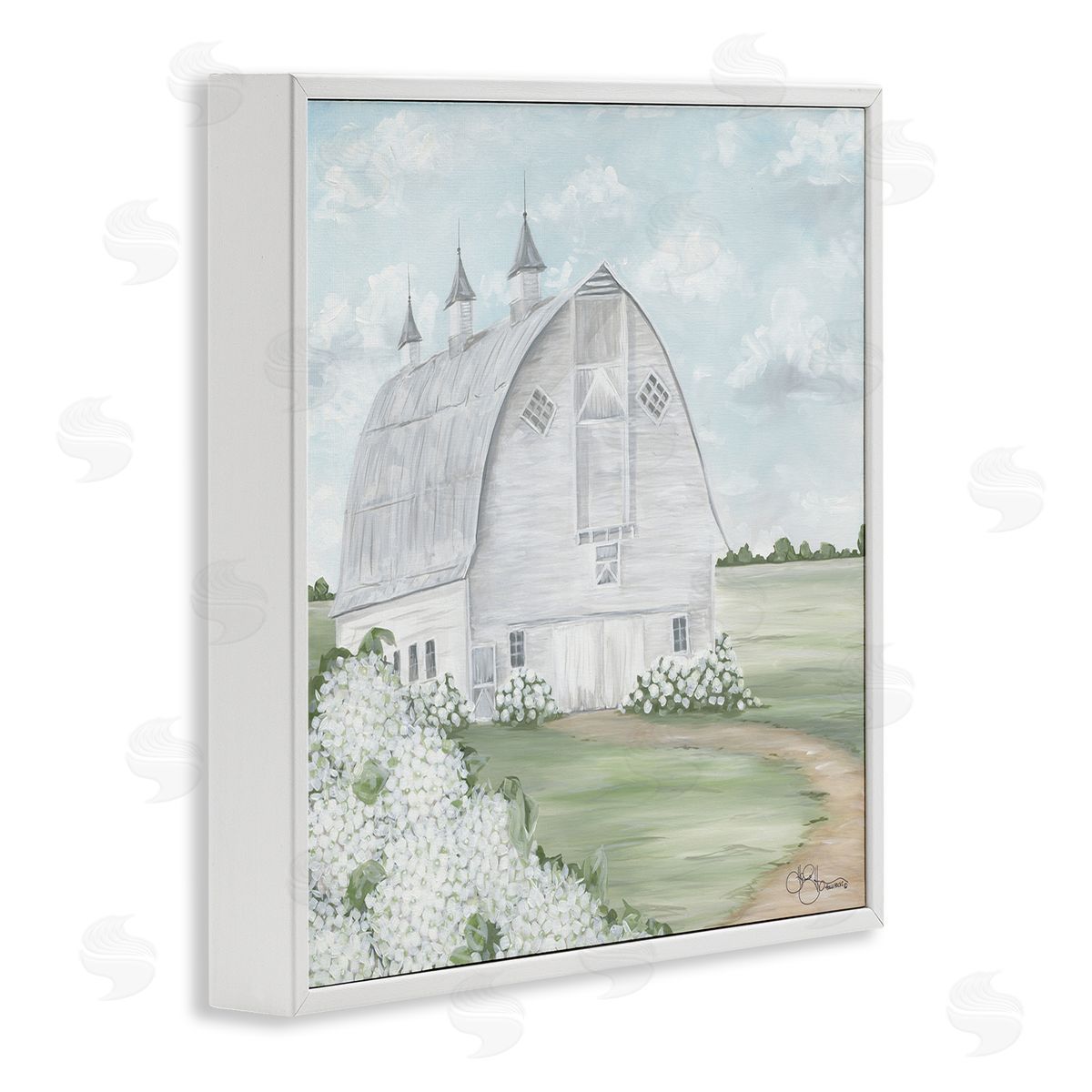 Soft Country Landscape with Hydrangeas White Frame Print Wall Art, Home Decor by Hollihocks Art
