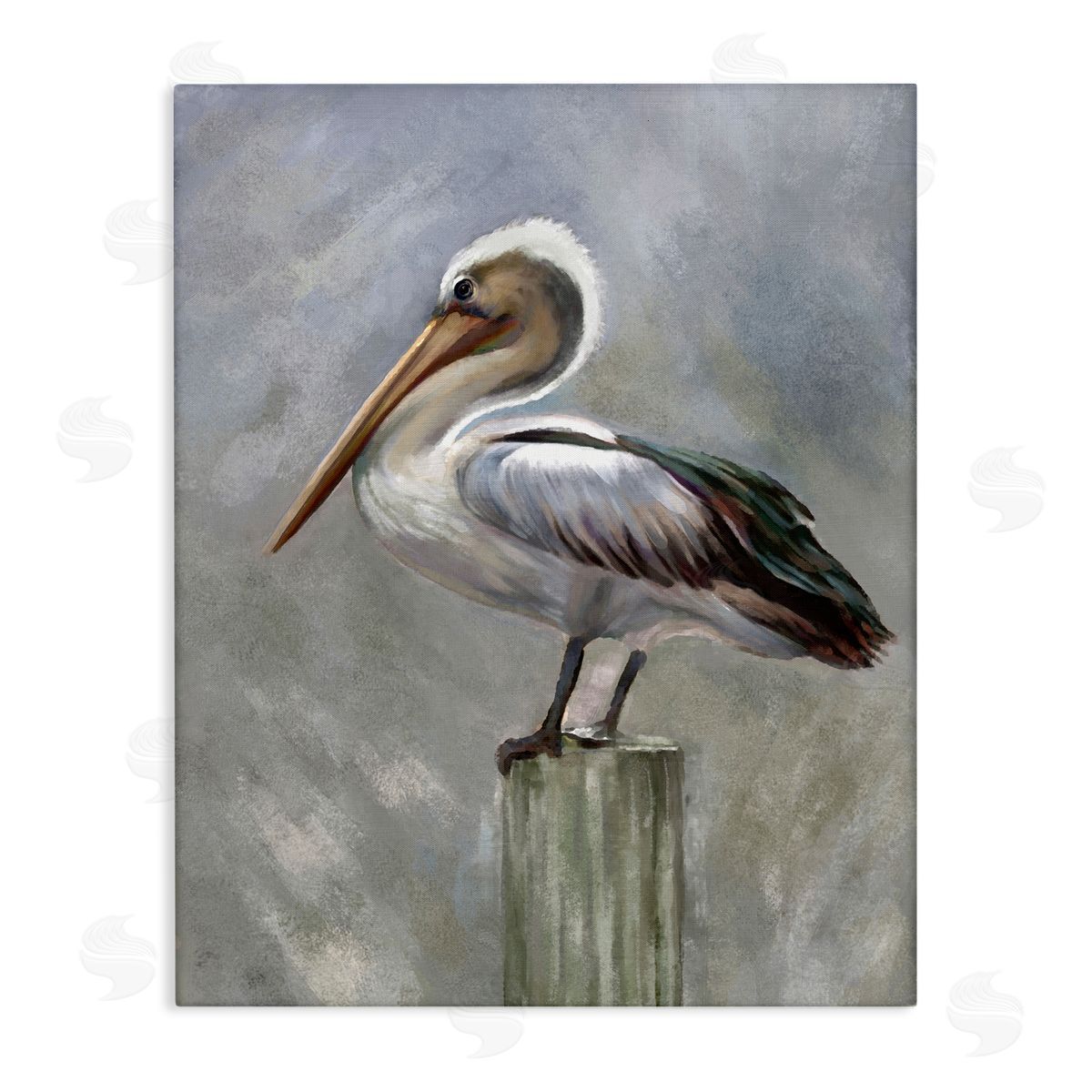 Heather Hayes Pelican Resting on Wooden Pillar Soft Grey