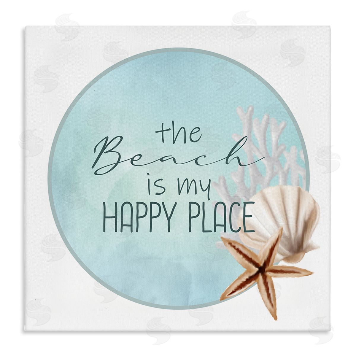 Kim Allen Beach is my Happy Place Sentiment Shell Starfish  Stretched Canvas Wall Art Print