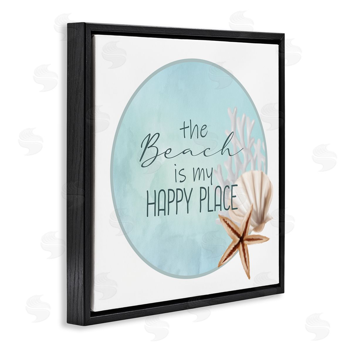 Kim Allen Beach is my Happy Place Sentiment Shell Starfish  Black Floating Frame Canvas Wall Art Print