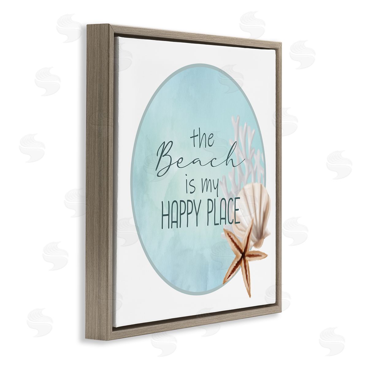 Kim Allen Beach is my Happy Place Sentiment Shell Starfish  Brown Floating Frame Canvas Wall Art Print