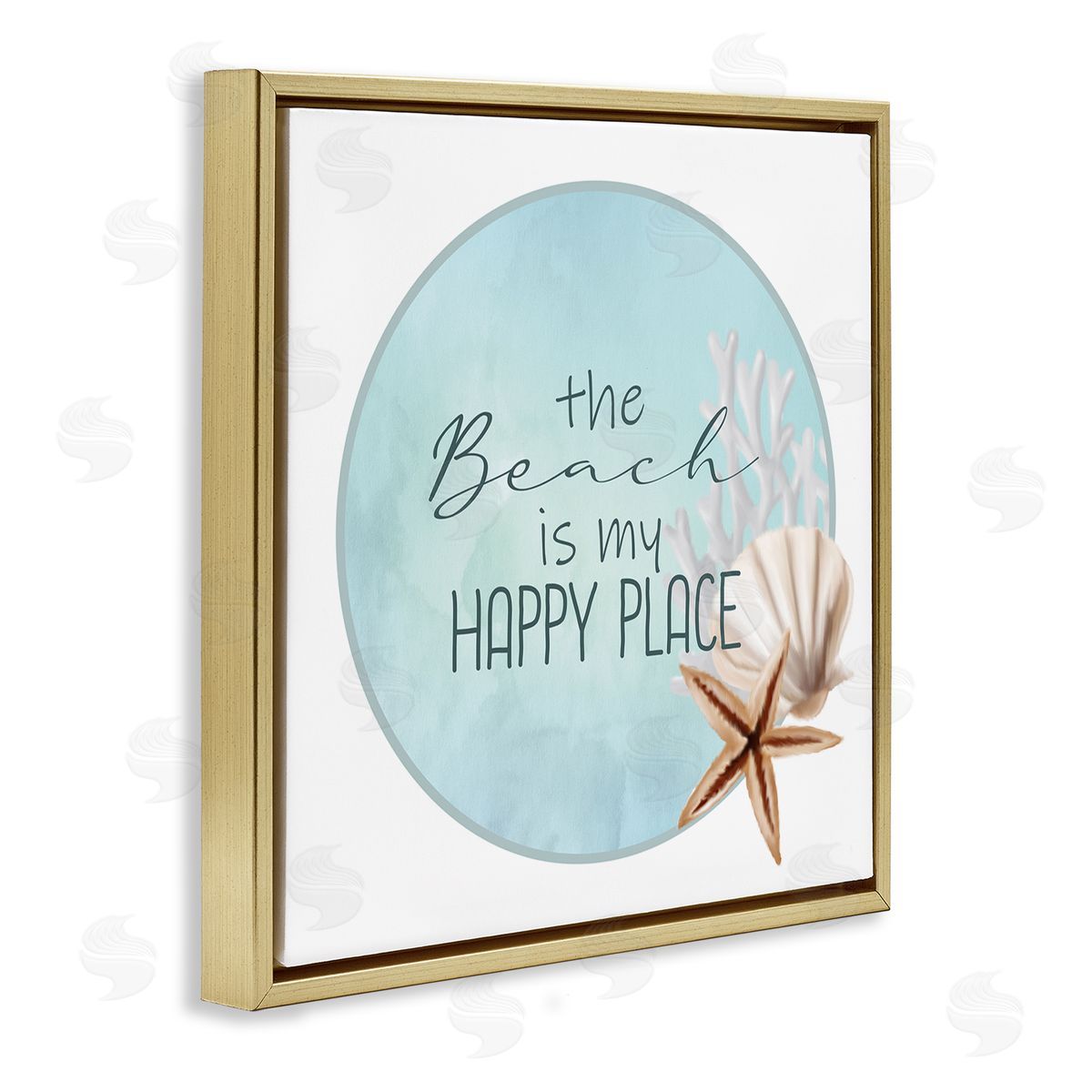 Kim Allen Beach is my Happy Place Sentiment Shell Starfish  Gold Floating Frame Canvas Wall Art Print
