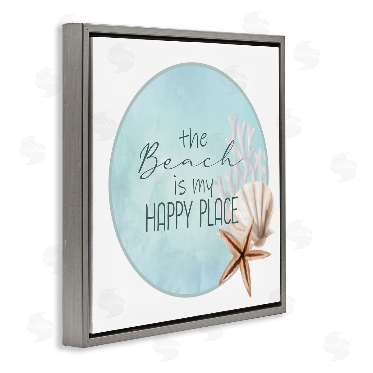 Kim Allen Beach is my Happy Place Sentiment Shell Starfish  Gray Floating Frame Canvas Wall Art Print