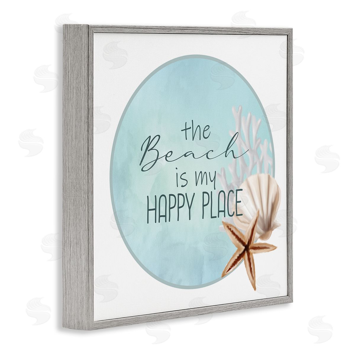 Kim Allen Beach is my Happy Place Sentiment Shell Starfish  Gray Framed Glicee Wall Art Print