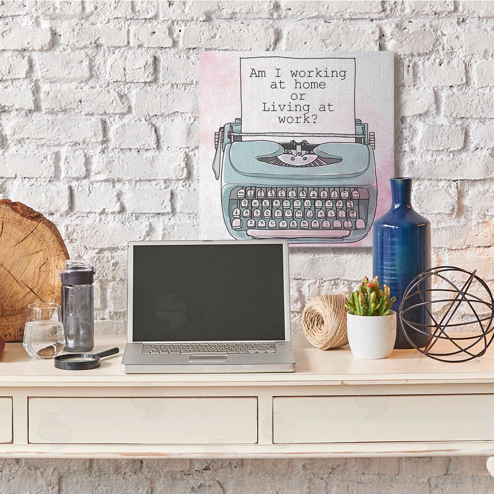 Kim Allen Working at Home Phrase Sassy Typewriter Over Pink Canvas Wall Art in Room