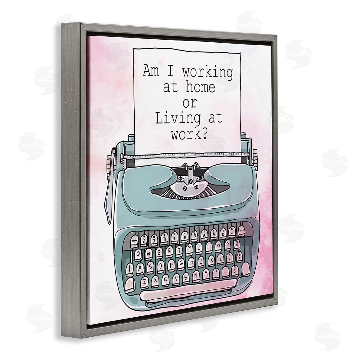 Kim Allen Working at Home Phrase Sassy Typewriter Over Pink Gray Floating Frame Canvas Wall Art Print