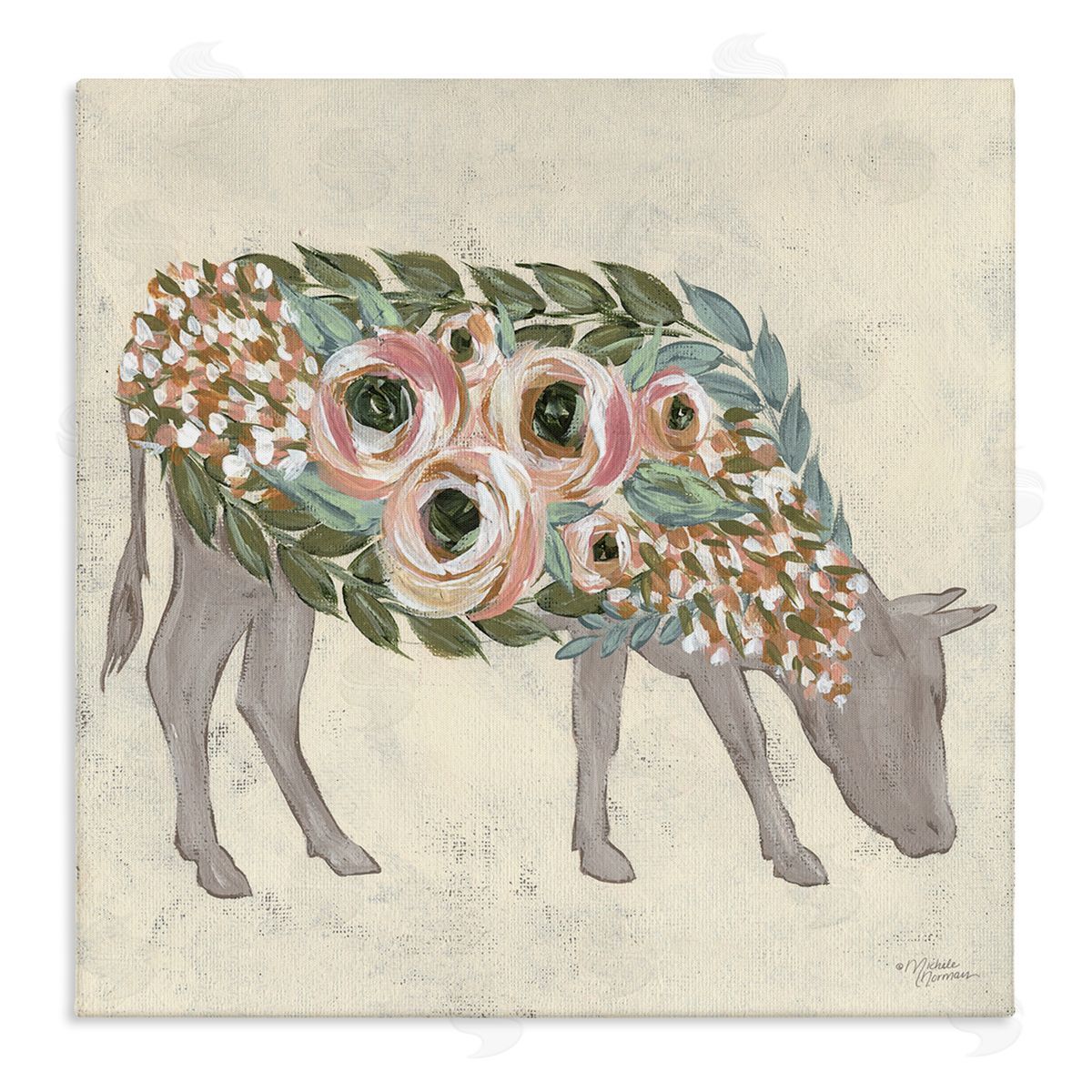 Michele Norman Rustic Horse Pink Green Floral Body Stretched Canvas Wall Art Print