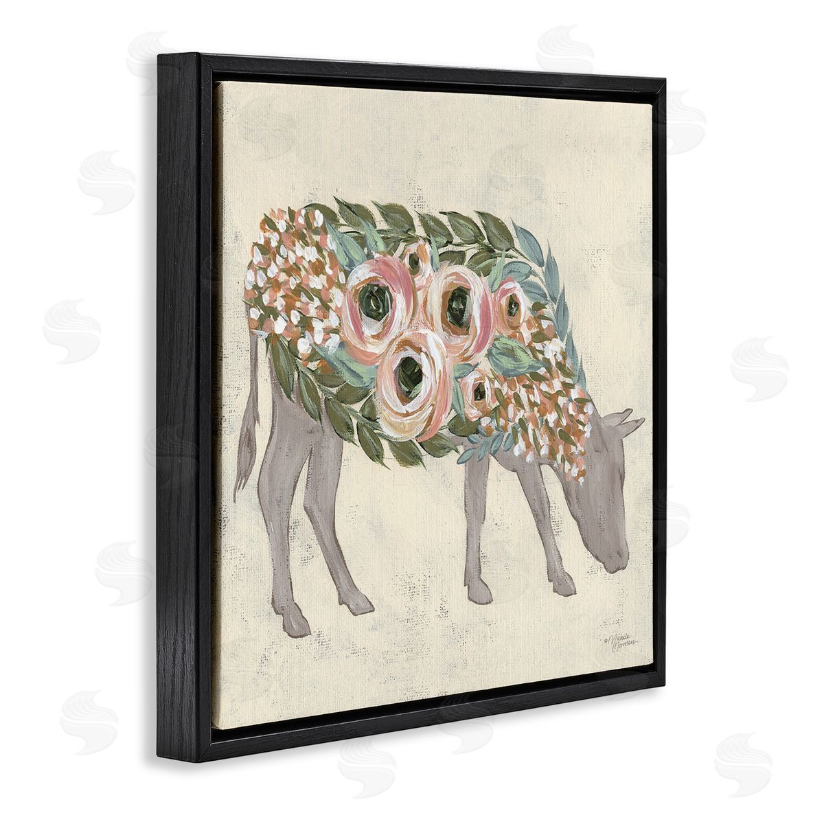 Michele Norman Rustic Horse Pink Green Floral Body Black Floating Frame Canvas Wall Art Print