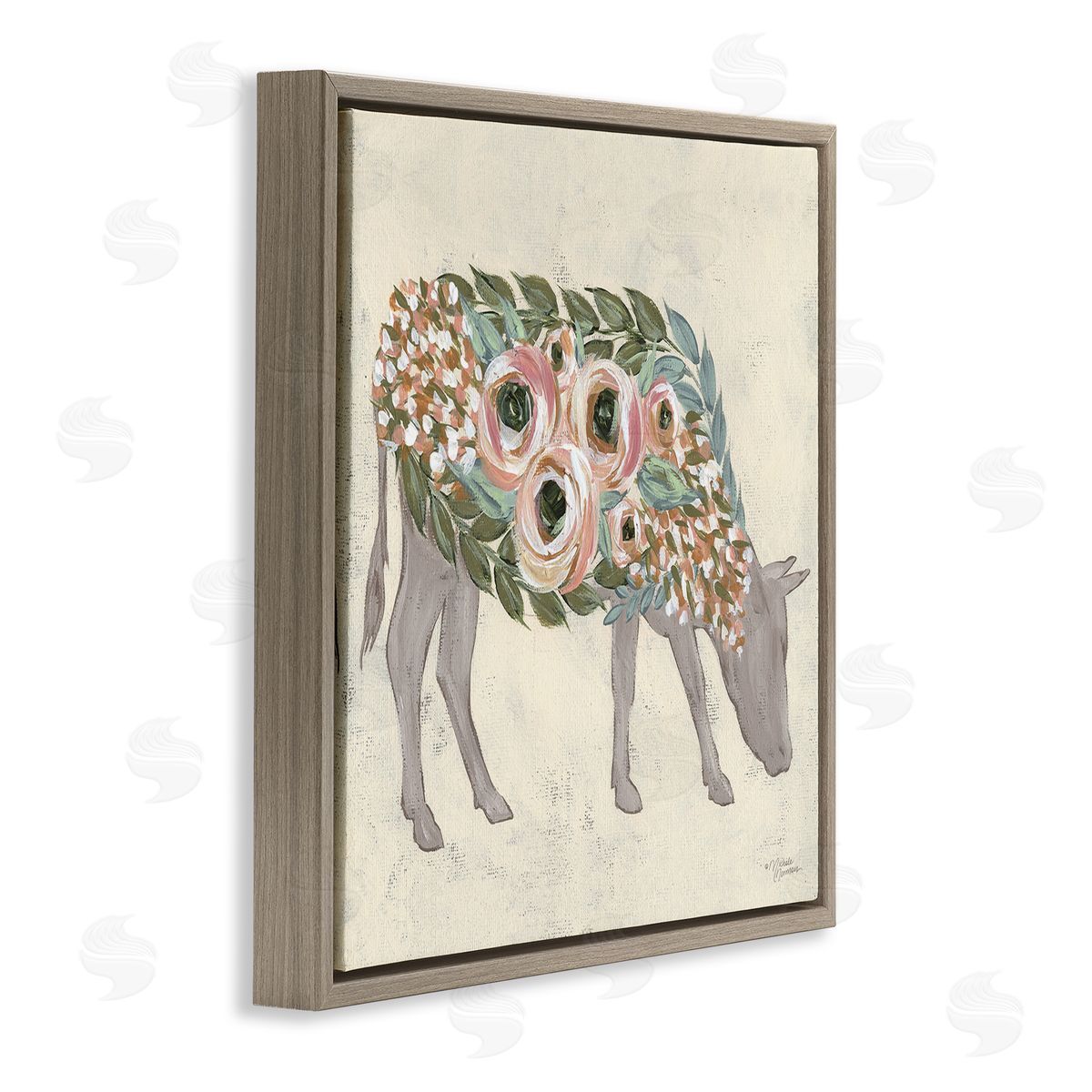 Michele Norman Rustic Horse Pink Green Floral Body Brown Floating Frame Canvas Wall Art Print