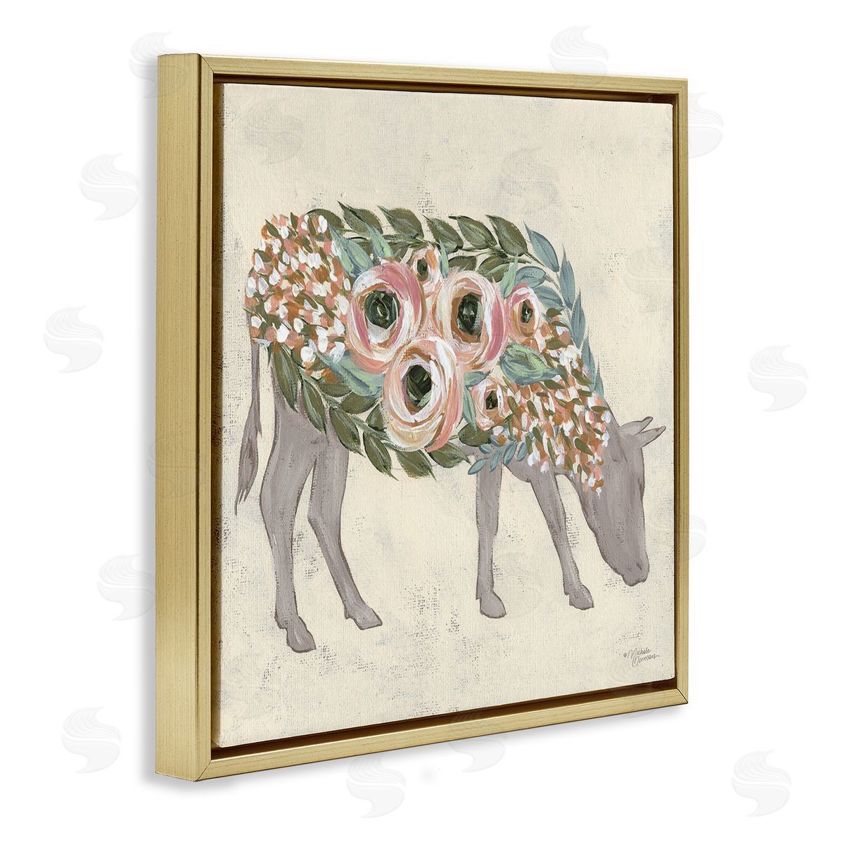 Michele Norman Rustic Horse Pink Green Floral Body Gold Floating Frame Canvas Wall Art Print