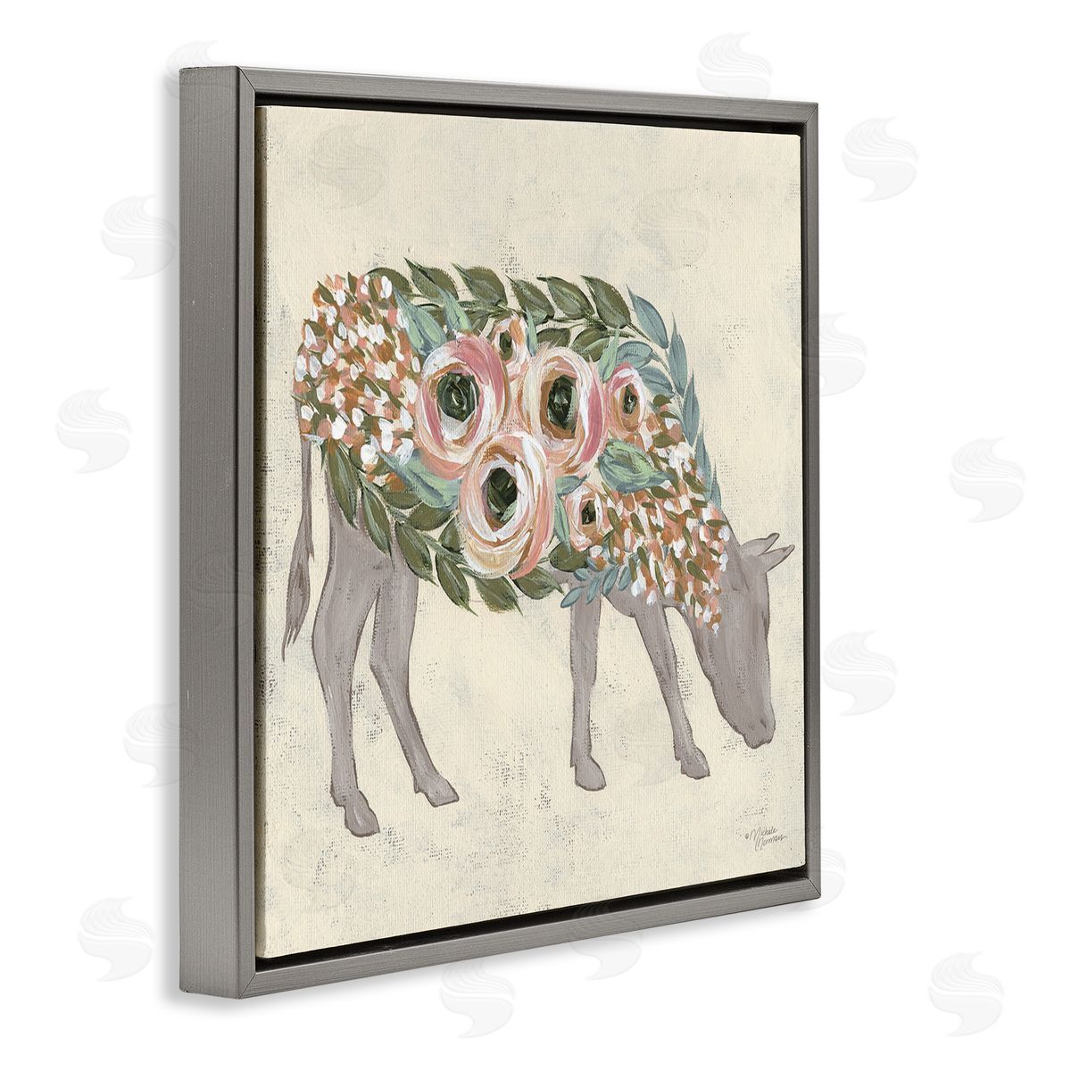 Michele Norman Rustic Horse Pink Green Floral Body Gray Floating Frame Canvas Wall Art Print