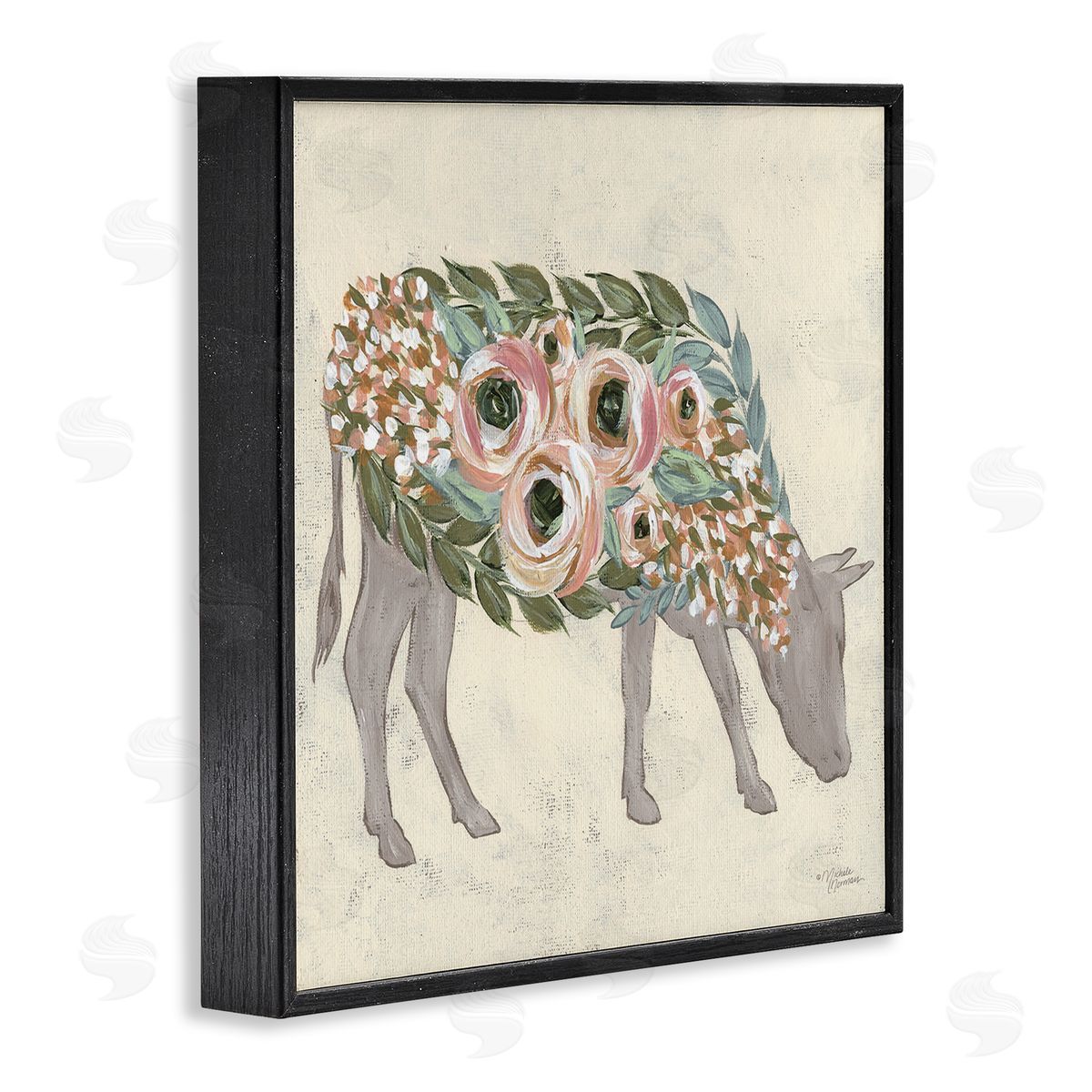 Michele Norman Rustic Horse Pink Green Floral Body Black Framed Glicee Wall Art Print