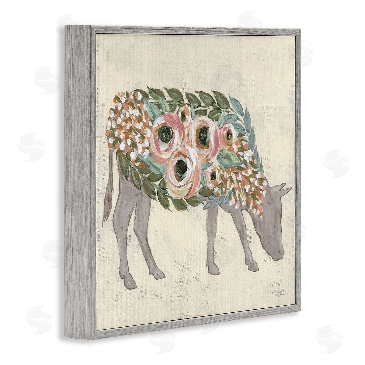 Michele Norman Rustic Horse Pink Green Floral Body Gray Framed Glicee Wall Art Print