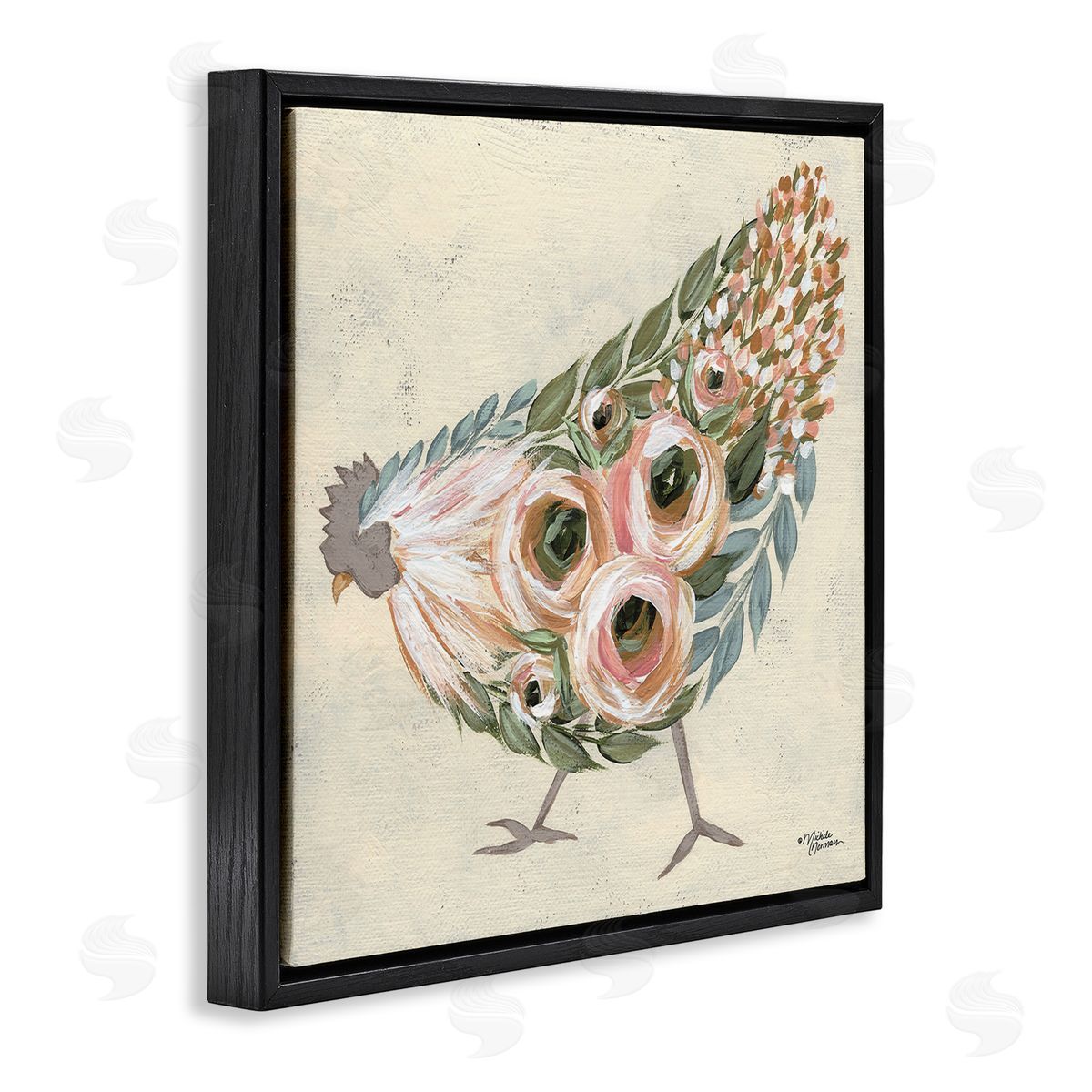 Vintage Chicken with Floral Body Black Floating Frame Canvas Wall Art, Home Decor by Michele Norman